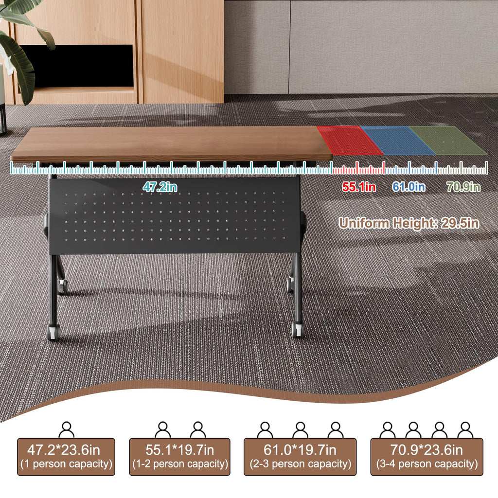 Conference Room Tables White,Folding Rectangular Flip Top Conference Table with Wheels for Large Meeting Seminar Home Office Classr (6, Walnut Black, 55.1in)