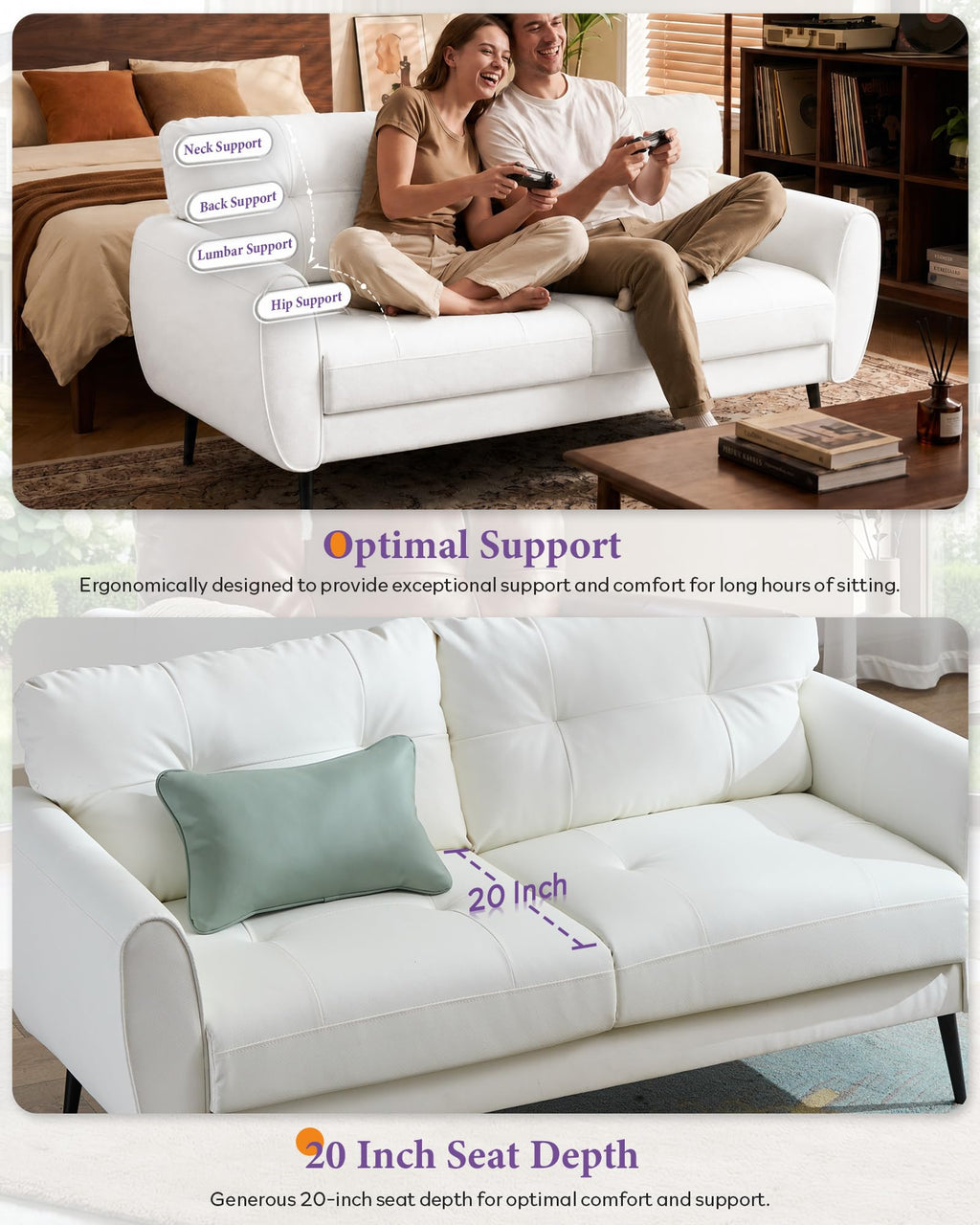 61" Loveseat Couches for Living Room, White Faux Leather Couch Mid Century Modern Tufted Mini Sofa Comfy Office 2 Seat Settee Love Seat Small Couches for Small Spaces Bedroom, White