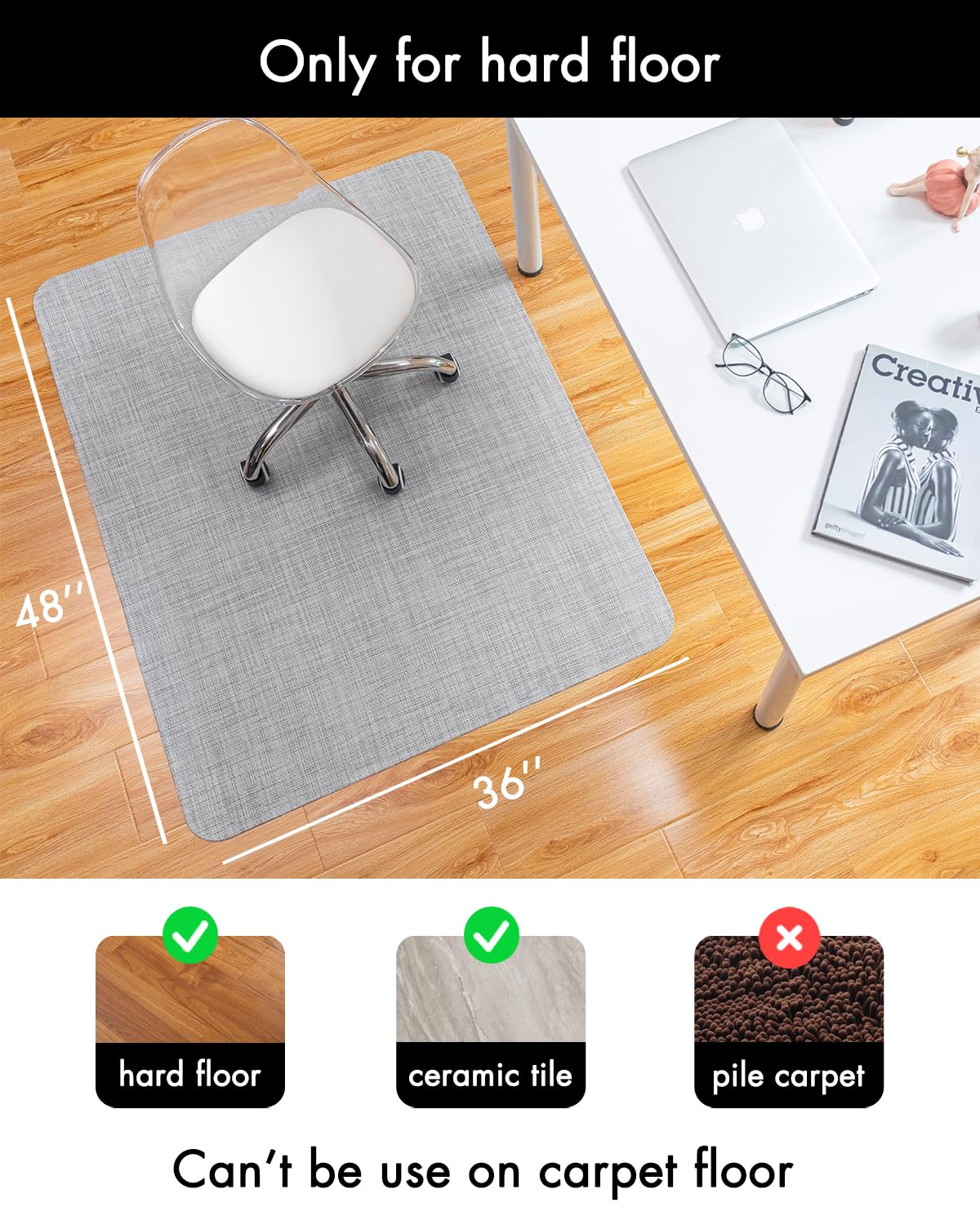 Office Chair Mat for Hardwood Floor Under Desk Computer Rolling Chair Mat for Wood/Tile Floor Non-Slip Heavy Duty Desk Rug PVC Plastic Hard Floor Protector 36" x 48" (Mist)