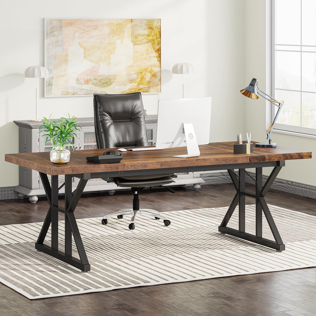 70.8-Inch Executive Desk, Large Computer Office Desk Workstation, Modern Simple Style Laptop Desk Study Writing Table Business Furniture for Home Office (Brown/Black, 70.8 Inch)