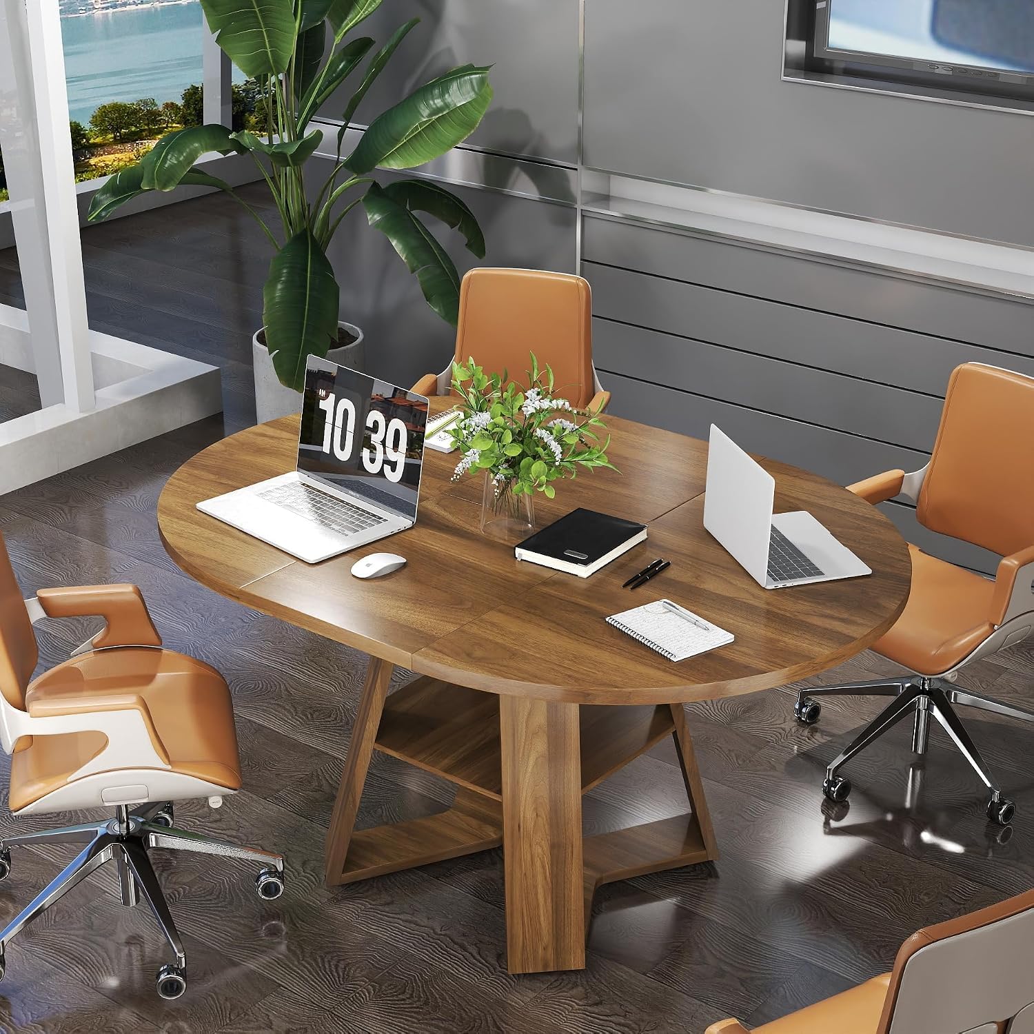 Round Conference Table for 4-6 People,43.3in-59in Extendable Wooden Oval Meeting Room Table with Removable Leaves,Space Saving,Office Table with Storage Shelf for for Office Conference Room (Walnut)