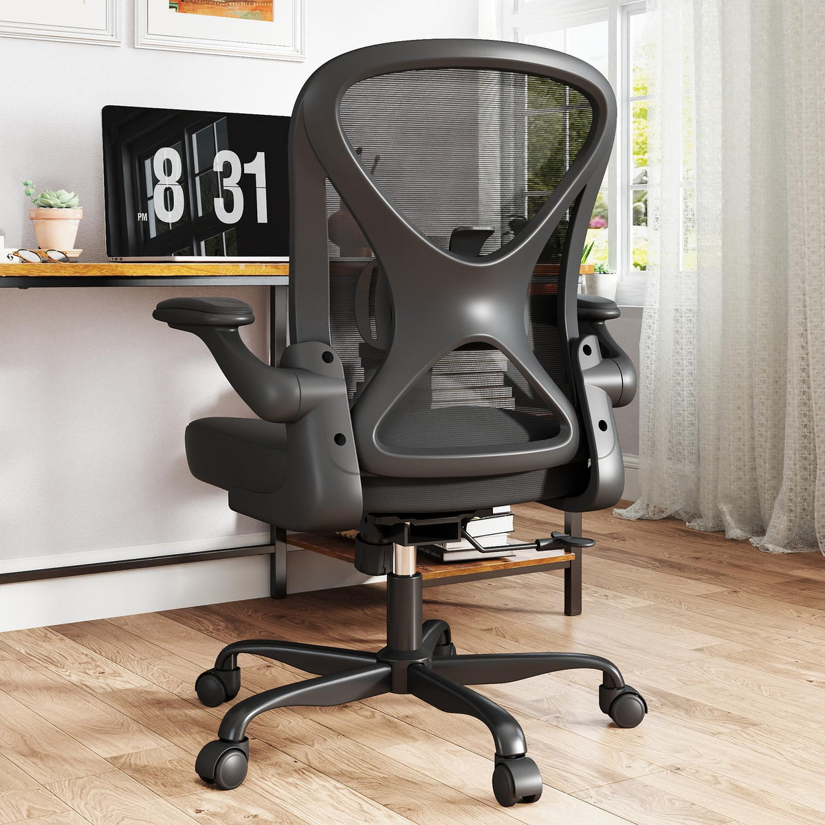 Ergonomic Office Chair Set of 4, Mesh Fabric Home Office Chairs with Adjustable Lumbar Support, 360° Swivel, and Flip-Up Armrests, Black