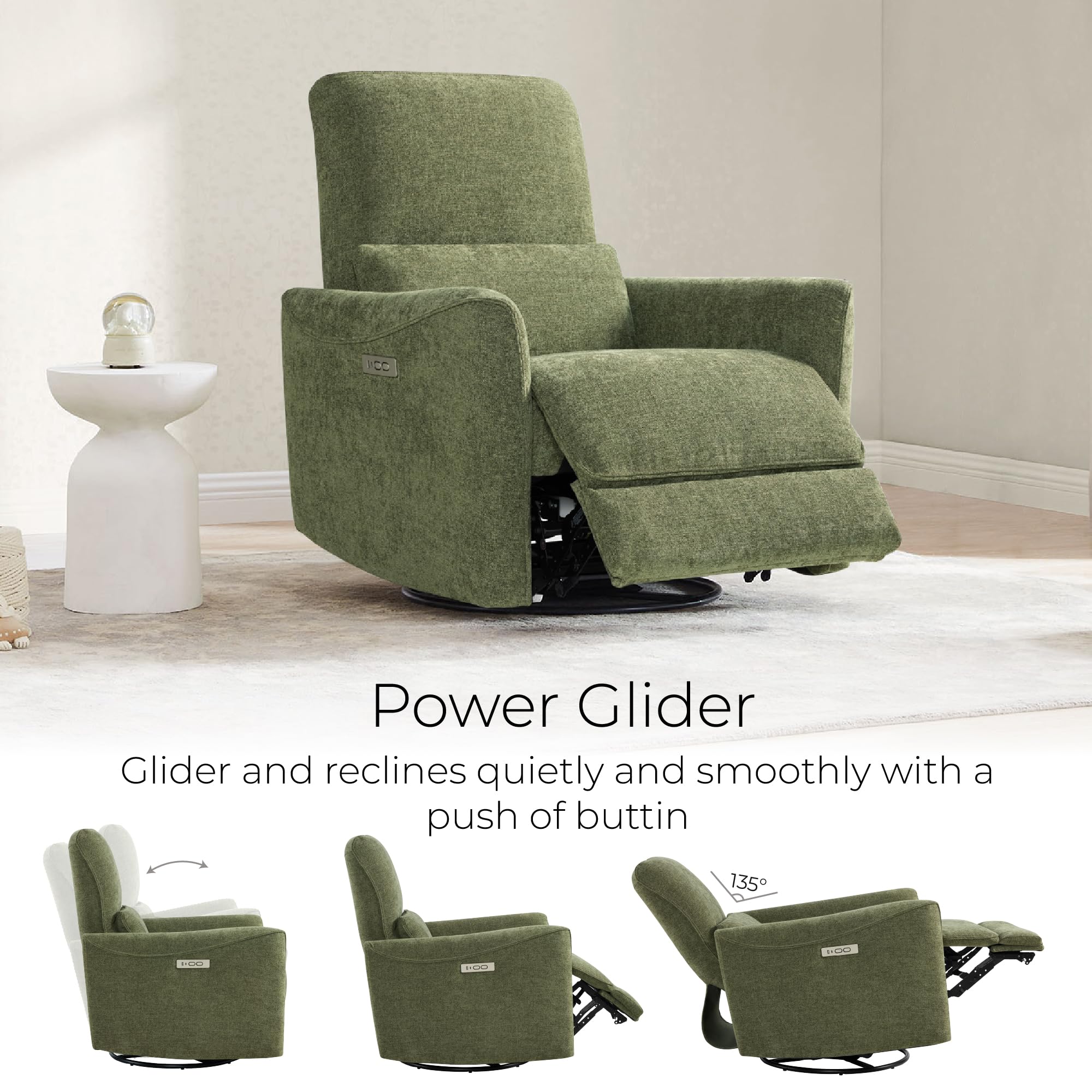 Power Recliner Chair Swivel Glider, FSC Certified Upholstered Living Room Nursery Reclining Sofa Chair with Lumbar Support, Green