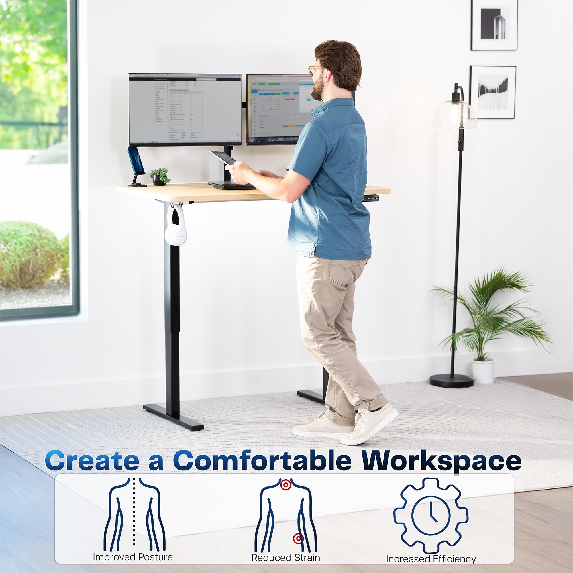 Electric 48 x 30 in Standing Desk, Memory Height Adjustment, 1B Series, Holds 220 lbs, One-Piece Light Wood Top, Black Frame