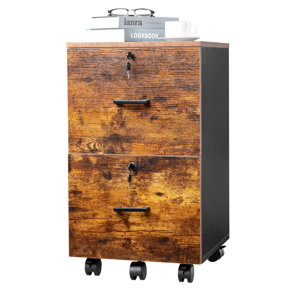 2-Drawer Small Rolling File Cabinet with Lock, Wood Filing Cabinet for Hanging Letter Size Filings with Tabs, Mobile Under Desk File Cabinets for Home Office, Rustic Brown, 27.2" H