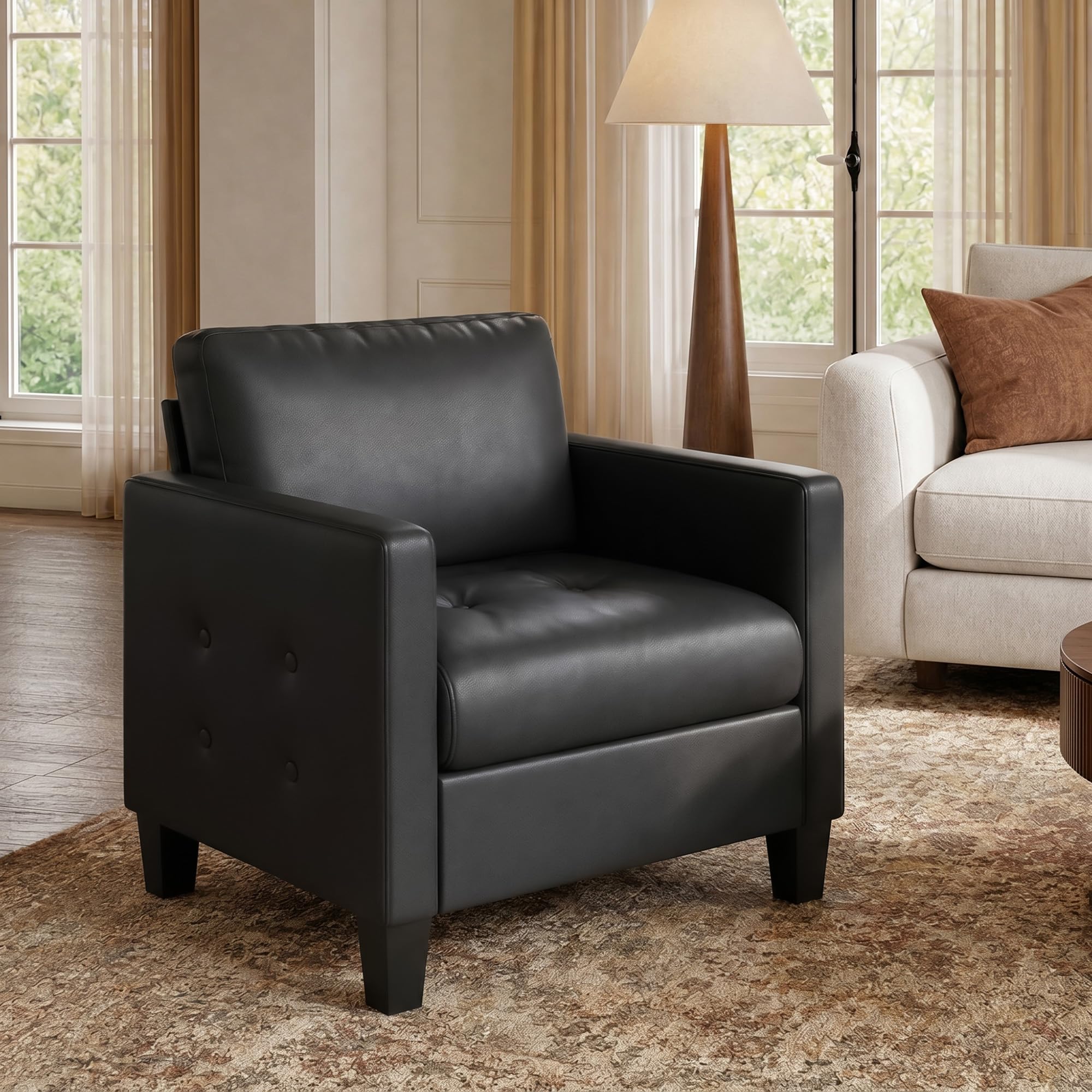 Black Accent Chairs Set of 2, Faux Leather Chair, Mid-Century Modern Living Room Chairs, Cozy Office Reading Chair with Tufted Armrest and Seat, Armchairs for Waiting Room, Bedroom (2)