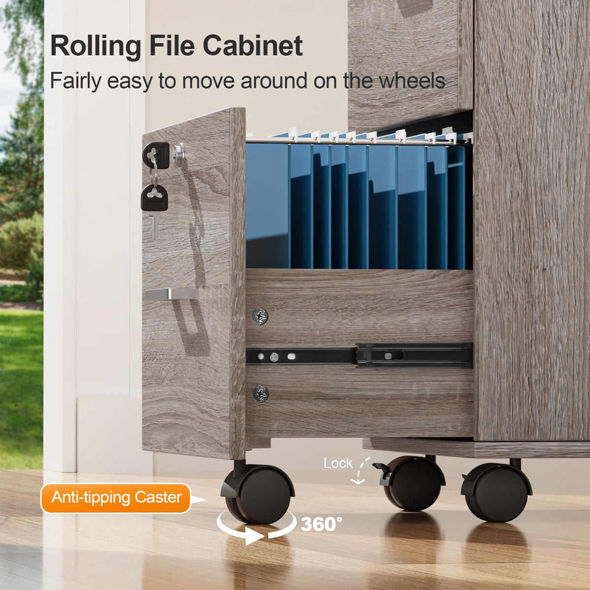 3-Drawer File Cabinet with Lock, Wood Rolling Filing Cabinets for Home Office, Mobile Printer Stand, Under Desk File Organizer for Letter Sized Files, 26" H(Caster Included),Gray Oak