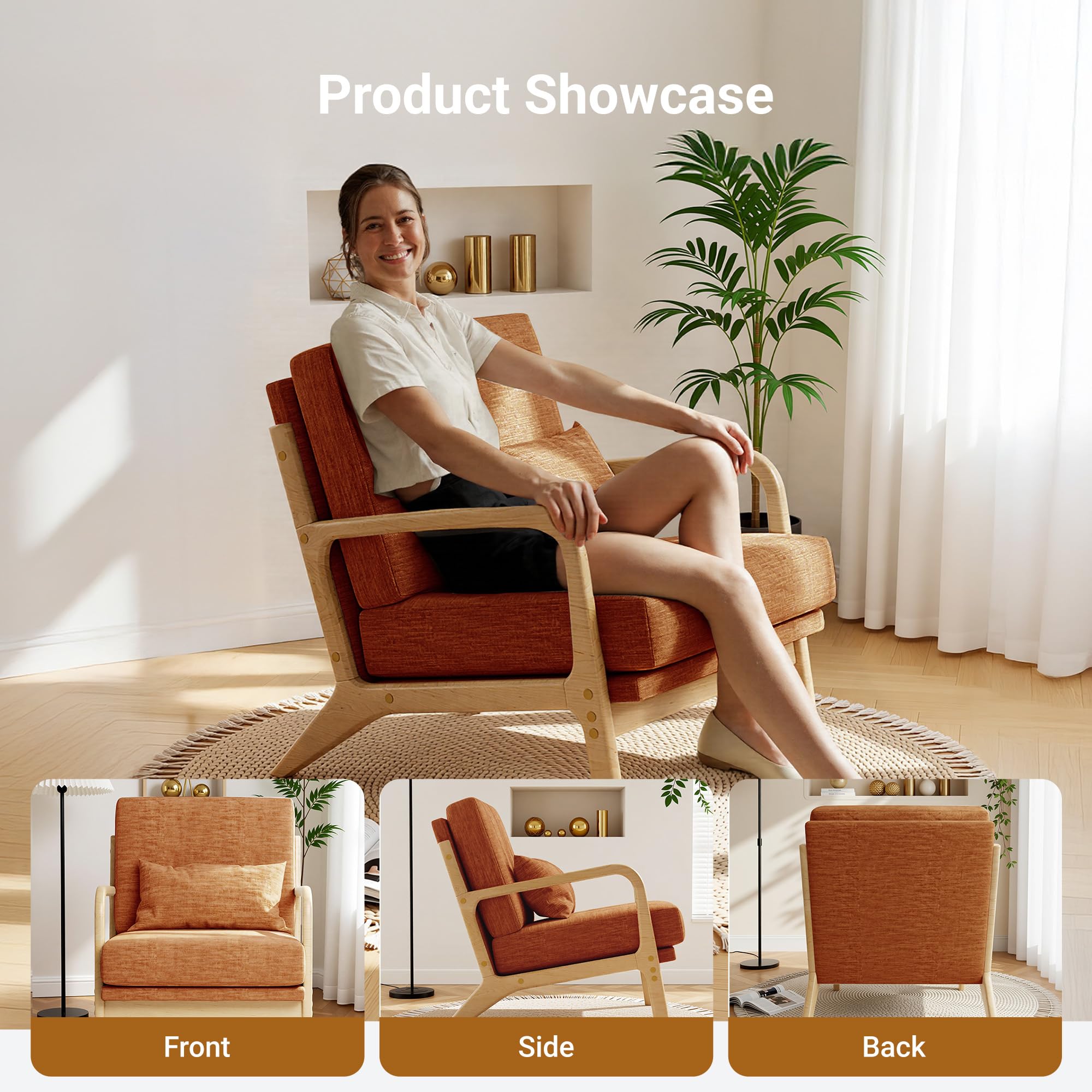 Mid-Century Modern Accent Chair, Armchair with Solid Wood Frame & Lumbar Pillow, Comfy Upholstered Lounge Chair for  Office, Bedroom, Linen-Like Fabric, Orange