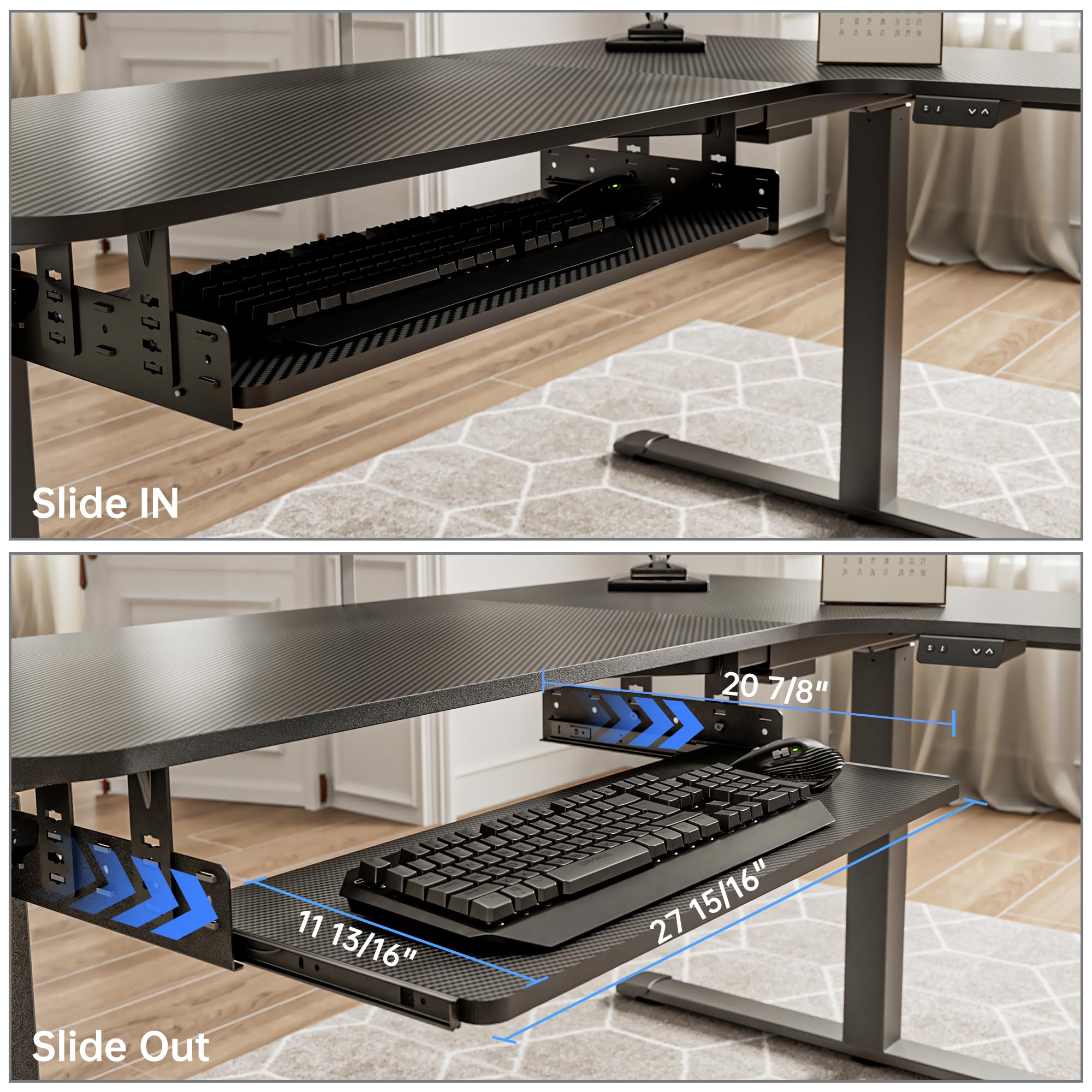 Adjustable Keyboard Tray Under Desk, 28x11 Inch Large Slide Out Keyboard & Mouse Platform Tray, Wooden Pull Out Computer Keyboard Drawer for Typing Home Office Desk, Black