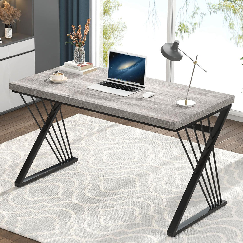 Modern Desks, Rustic Wood and Metal Computer Desk for Home Office, Simple Study Writing Work PC Table for Bedroom Living Room, Light Grey, 47 Inch