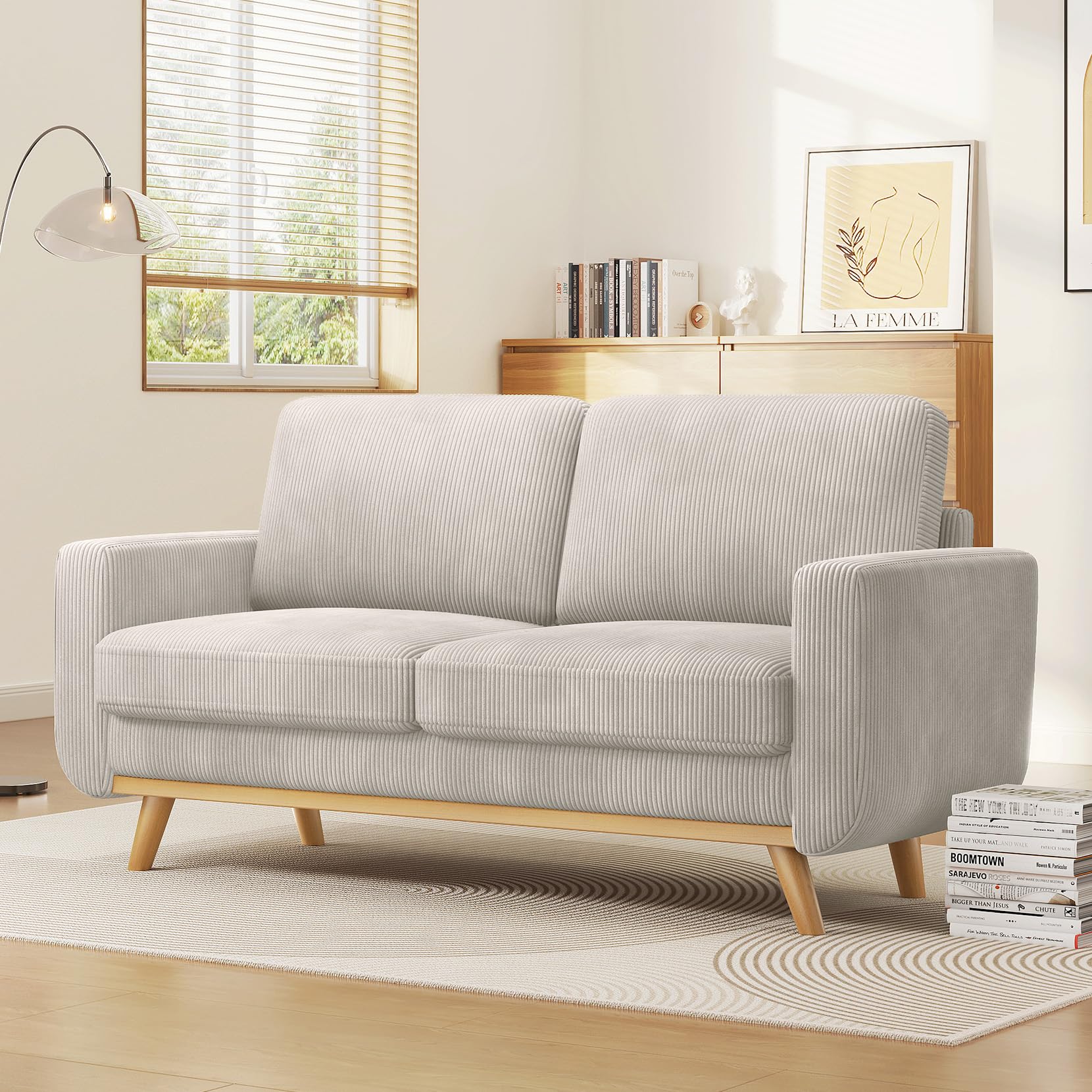 68" Loveseat Sofa Light Grey, Comfy Corduroy Couch with Spring Cushion and Solid Wood, Modern Deep Seat for Bedroom, Living Room, Office