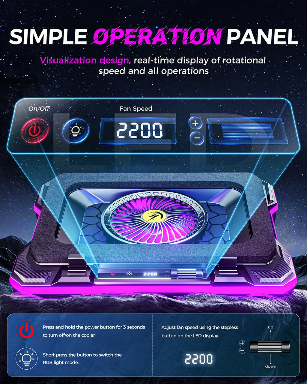 RGB Laptop Cooling Pad with 5.5" Turbo Fan, Rapid Cooling for 15.6-19.3" Laptops, Variable Speed Control, 7 Adjustable Heights - K1 5V RGB
