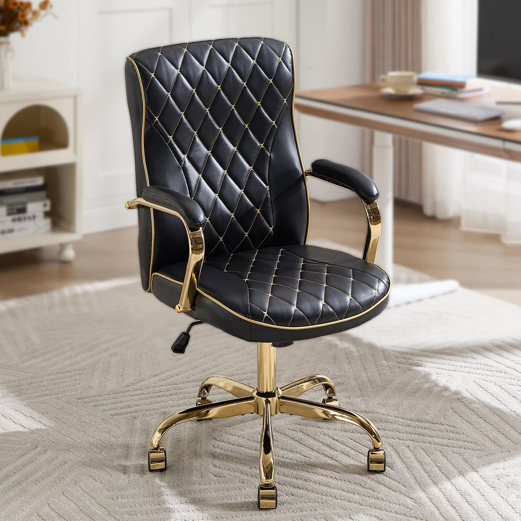 Black and Gold Office Desk Chair,Conference Room Chairs,Mid Back Vintage Executive Leather Chair,Ergonomic Computer Swivel Chair with Rocking Function and Padded Arms,Adjustable Height