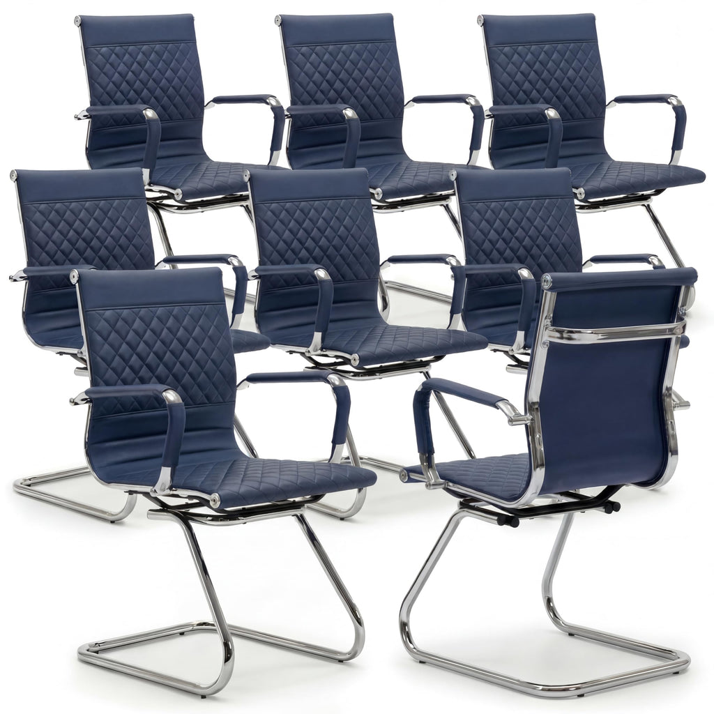 Office Desk Chair No Wheels Set of 8 - PU Leather Chairs with Arms - Conference Room Chairs 400LB Capacity Sled Base, Reception Chair for Home Office, Lobby, School Navy Blue