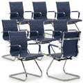 Office Desk Chair No Wheels Set of 8 - PU Leather Chairs with Arms - Conference Room Chairs 400LB Capacity Sled Base, Reception Chair for Home Office, Lobby, School Navy Blue