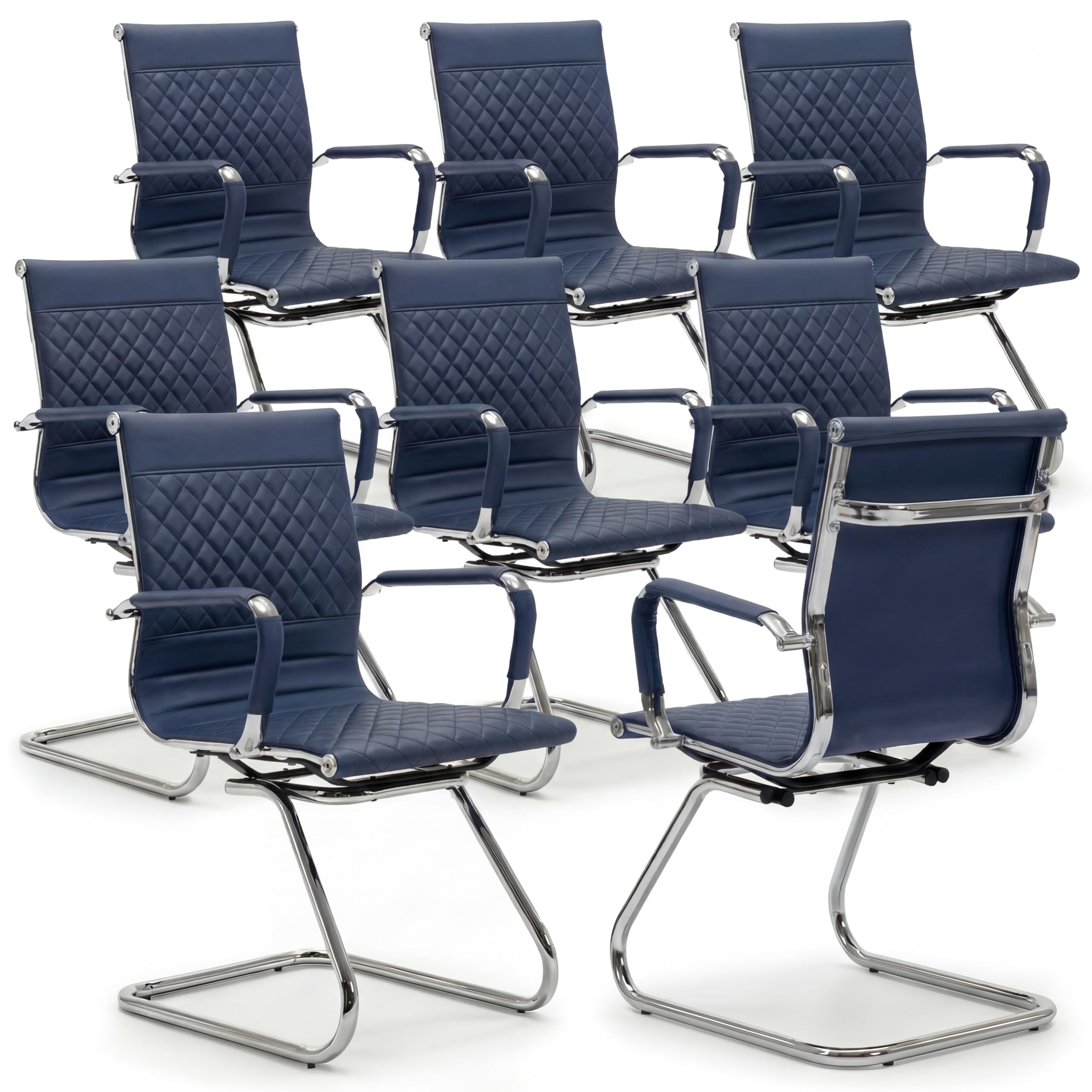 Office Desk Chair No Wheels Set of 8 - PU Leather Chairs with Arms - Conference Room Chairs 400LB Capacity Sled Base, Reception Chair for Home Office, Lobby, School Navy Blue