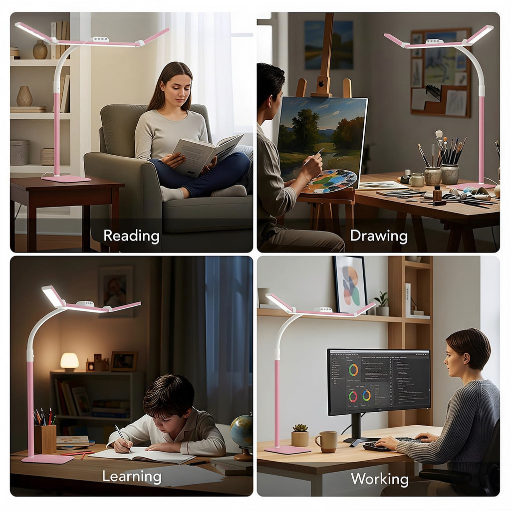 LED Desk Lamp for Home Office with Base, 28.2" Adjustable Gooseneck Swing Arm Bright Desk Light, Dimmable Architect Table Lamp for Desktop Computer Light, Reading, Study, Workbench（Pink）