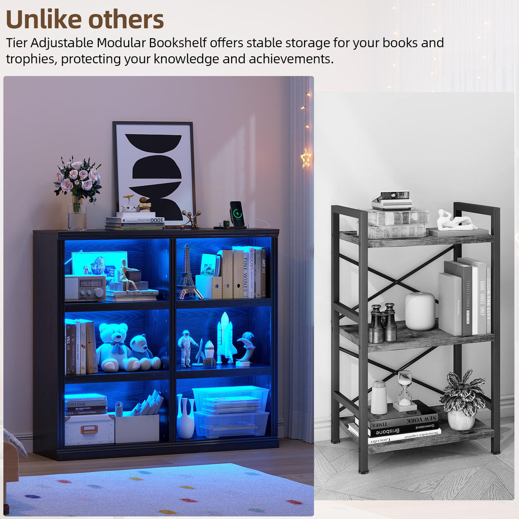 6-Cube LED Bookshelf with Motion Sensor and USB Type-C - Black
