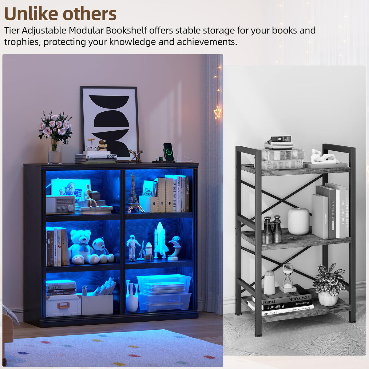 6-Cube LED Bookshelf with Motion Sensor and USB Type-C - Black