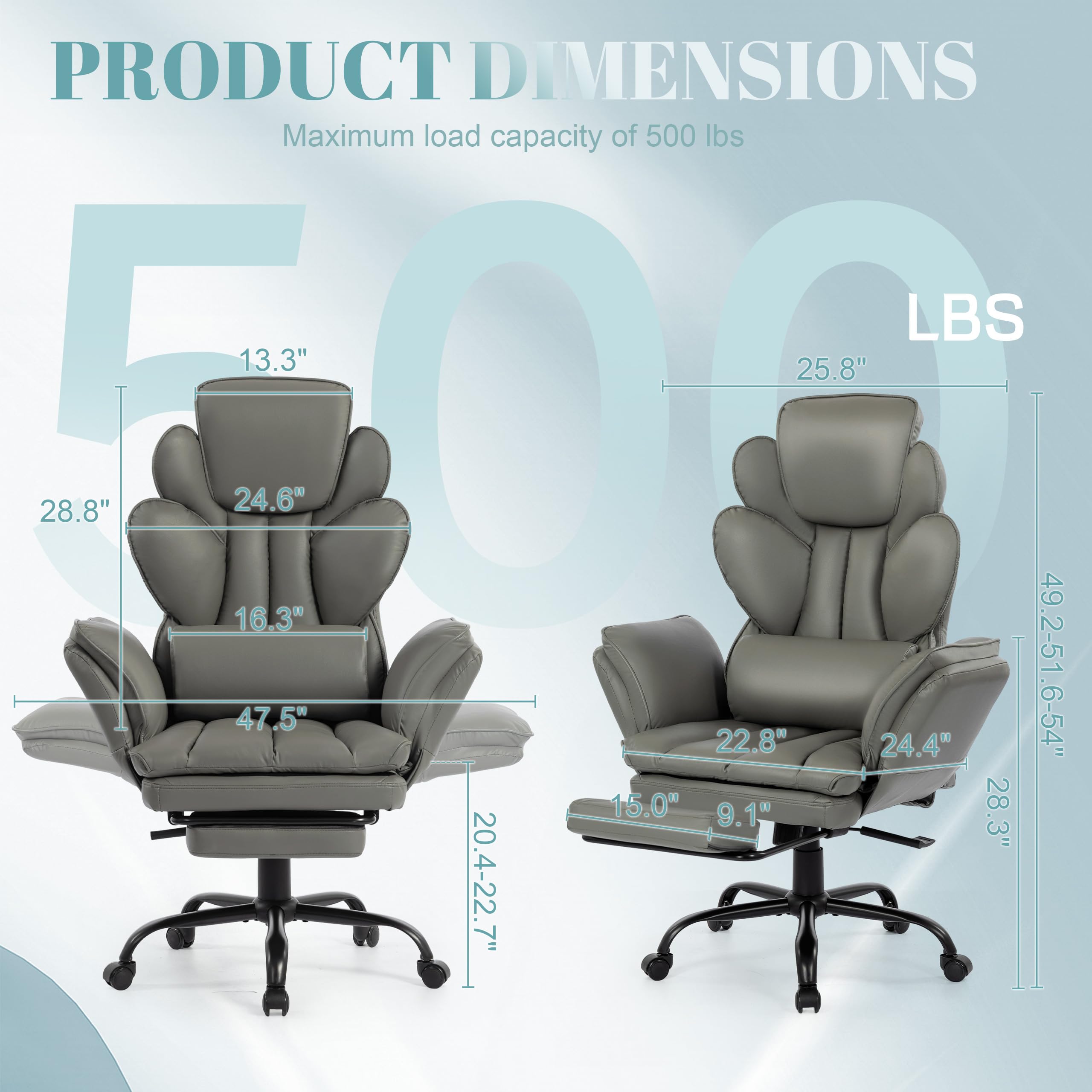 Flip Armrests Criss Cross Office Chair, Reclining Office Chair with Foot Rest, Adjustable Headrest, Massage Waist Pillow, Cross Legged Big and Tall Desk Chair Wide Seat Vanity Chair, PU Leather Grey