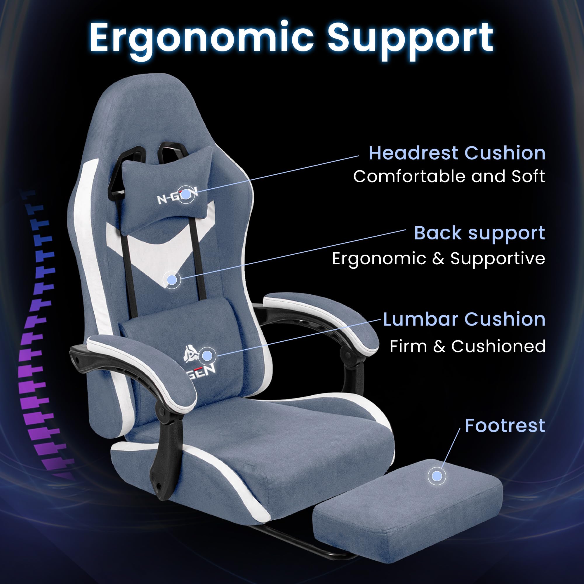 Gaming Chair with Footrest Lumbar Support for Home Office High Back Recliner Height Adjustable Ergonomic Comfy Fabric Computer Desk Chair (Blue)
