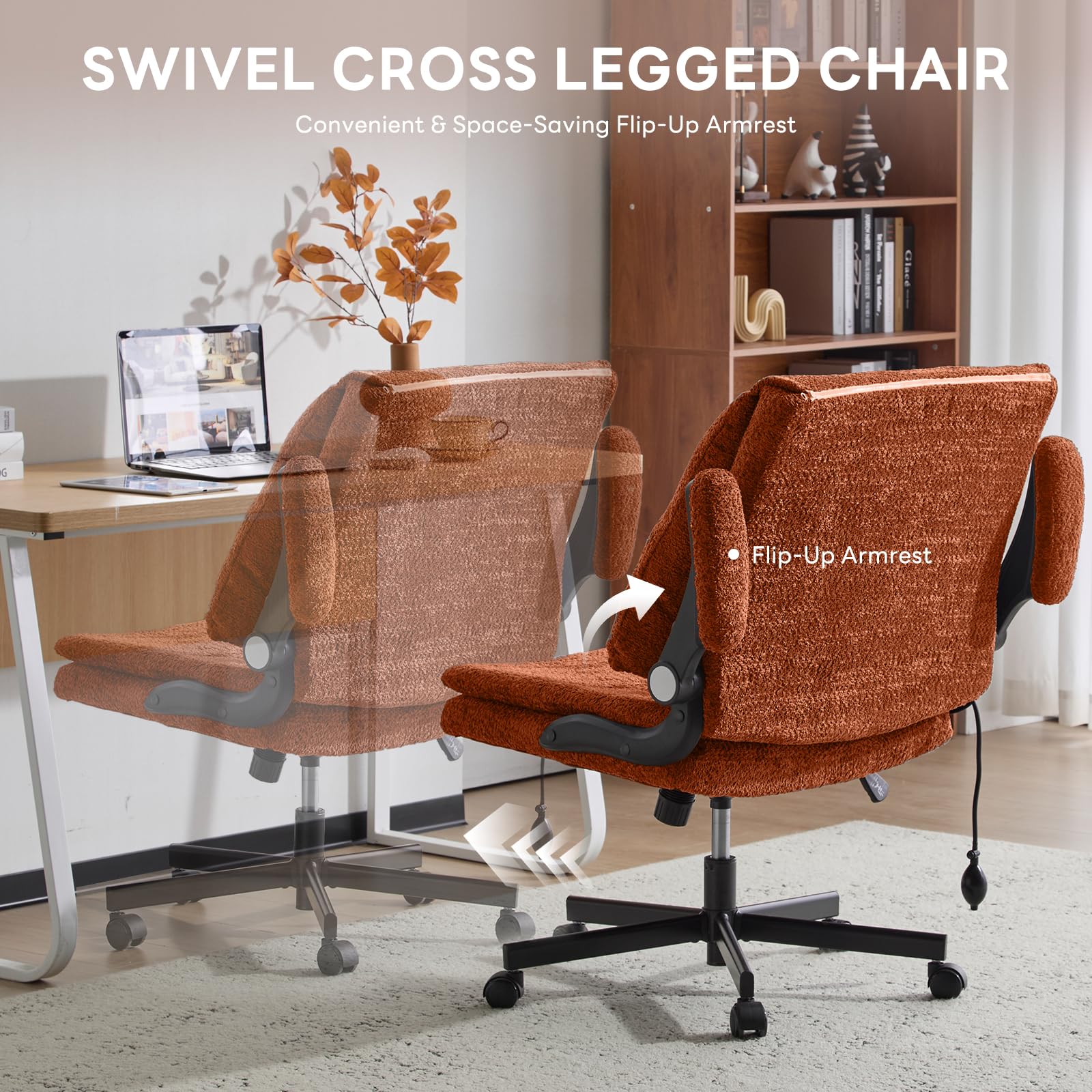 Criss Cross Office Chair with 2 in 1 Inflatable Flip-up Back, Ergonomic Wide Seat Desk Chair with Adjustable Arms and Wheels, Cross Legged Office Chair for Home & Office, Orange