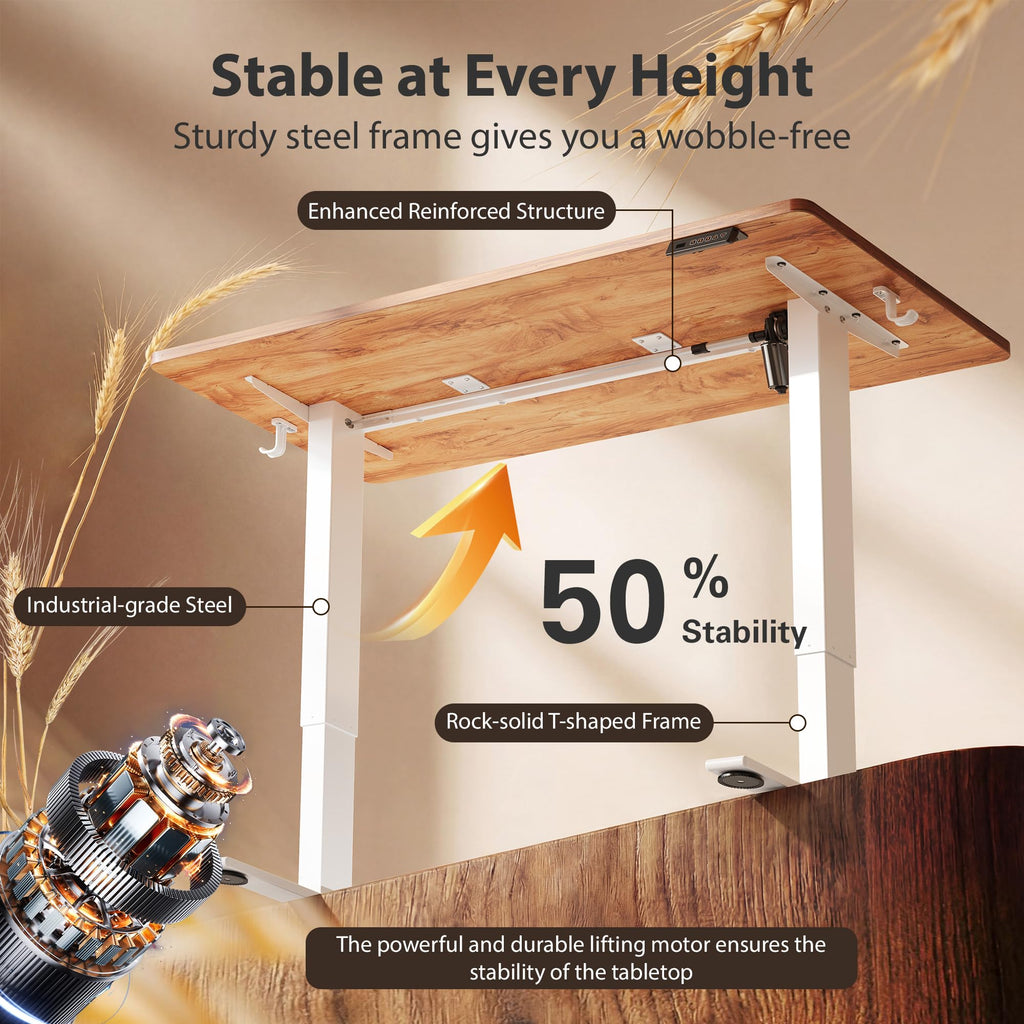 Standing Desk, 55x24 Inches Sit Stand Home Office Desk, Electric Stand up Desk, Adjustable Desk with Splice Board, White Frame/Light Rustic Top