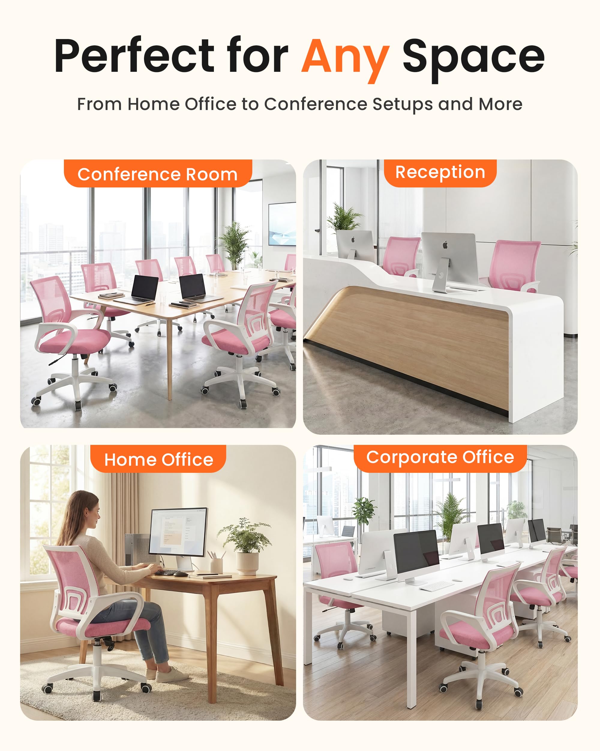 Office Desk Computer Chair Ergonomic Mesh Gaming Cushion Seat with Comfy Lumbar Mid Back Support Adjustable Height Swivel Rolling Wheels for Home Task (Pink)