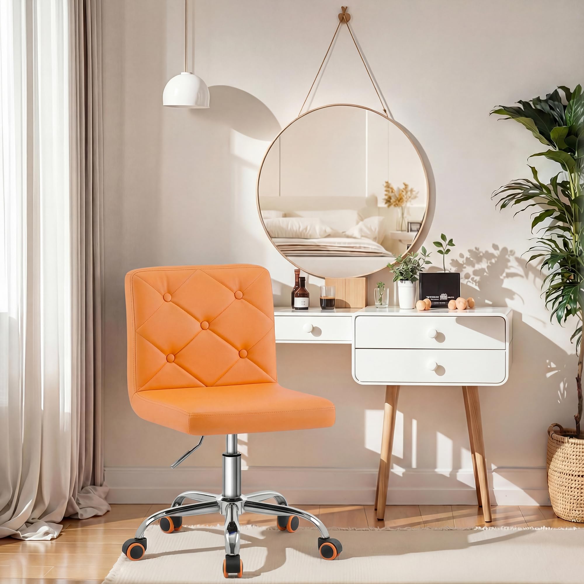 PU Leather Mid-Back Armless Vanity Chair Adjustable Height 360° Rolling Swivel for Office Work