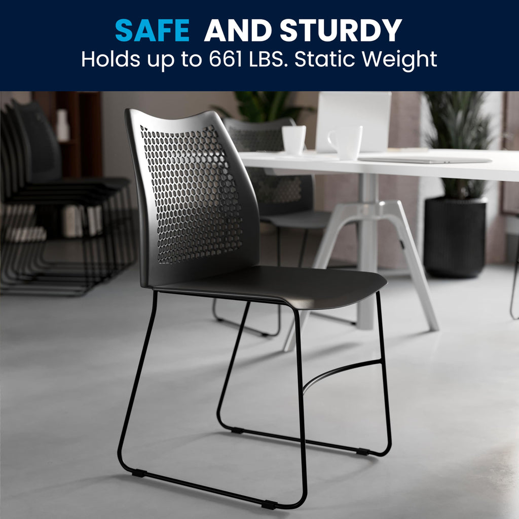 HERCULES Series 661 lb. Capacity Black Stack Chair with Air-Vent Back and Black Powder Coated Sled Base