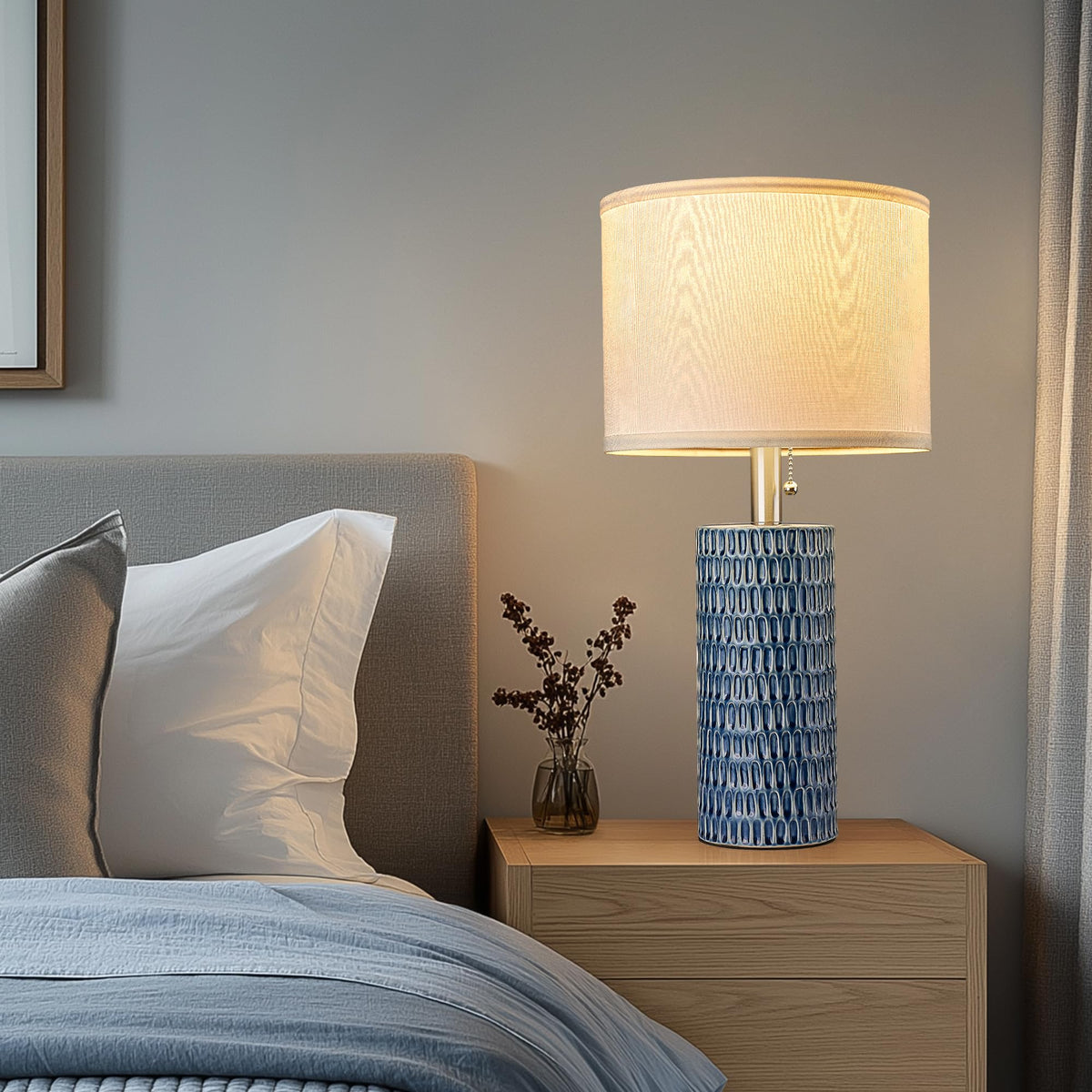 Modern Ceramic Table Lamps Set of 2, Lamps for Bedroom, Dark Blue