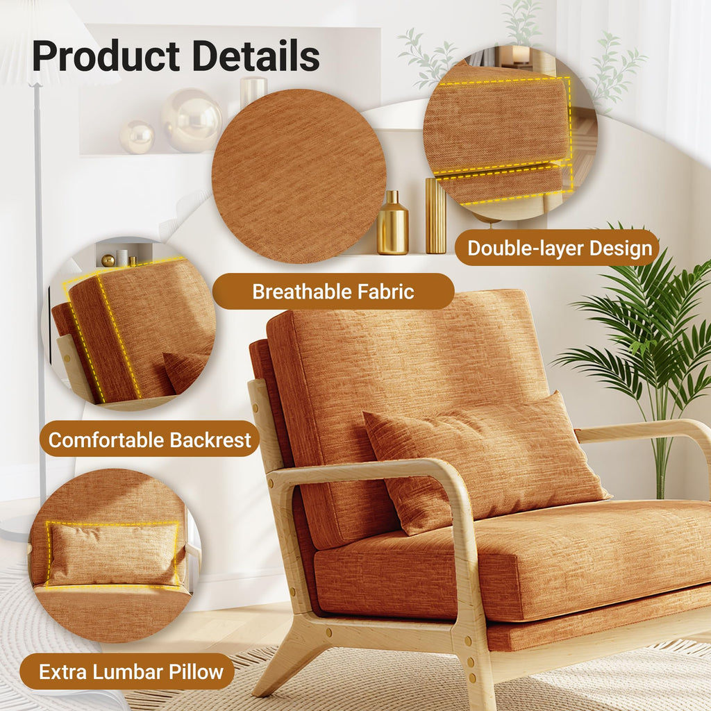 Mid-Century Modern Accent Chair, Armchair with Solid Wood Frame & Lumbar Pillow, Comfy Upholstered Lounge Chair for  Office, Bedroom, Linen-Like Fabric, Orange