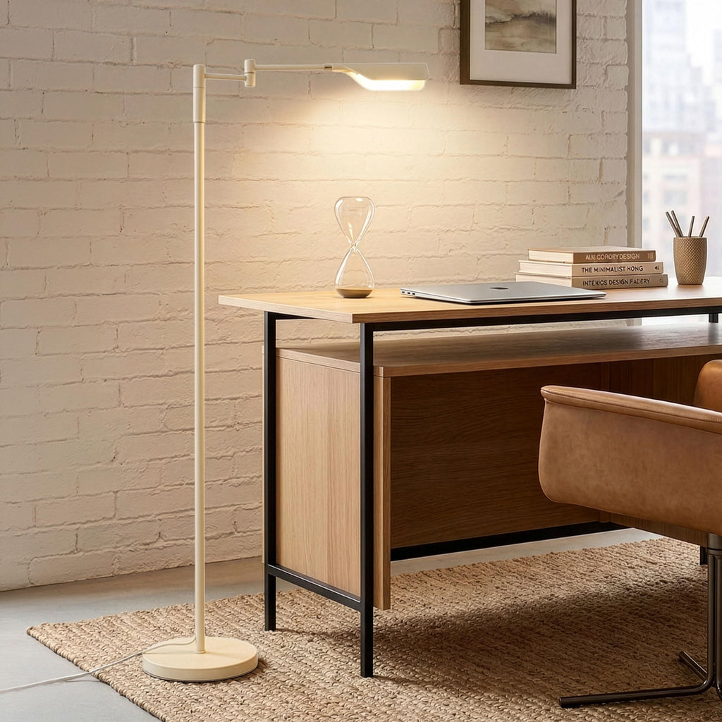 Leaf Pharmacy LED Reading Lamp, Dimmable Floor Lamp with Easy Rotation Over Chair or Desk for Living Rooms & Offices, Adjustable Standing Tall Lamp, for Sewing & Crafts - Gold and Cream