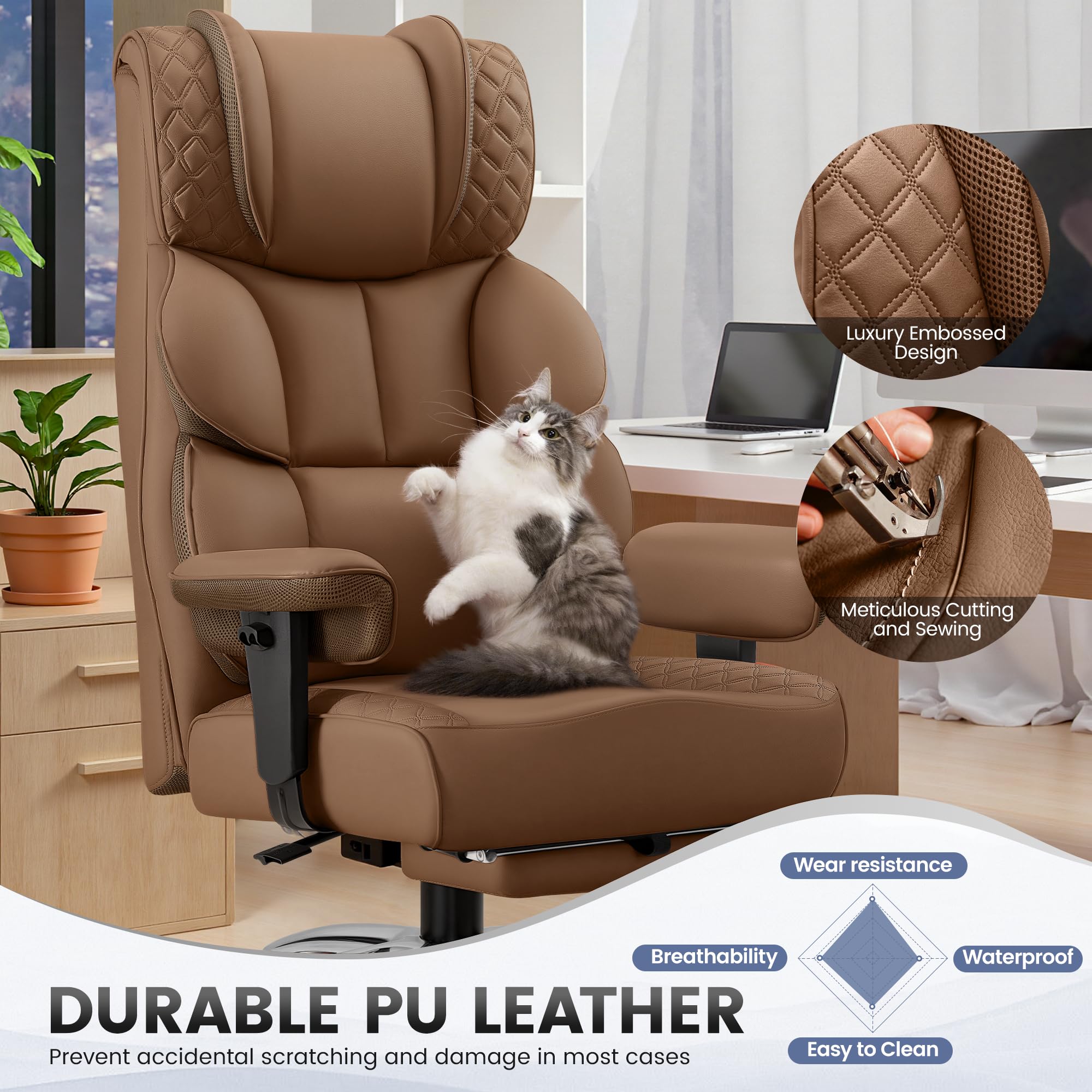 Office Desk Chair, Big and Tall Leather Gaming Chair with Footrest, Ergonomic Comfy Executive High-Back Reclining Computer Chairs, Wide Swivel Rolling Wheels and Padded Lumbar Support, Khaki
