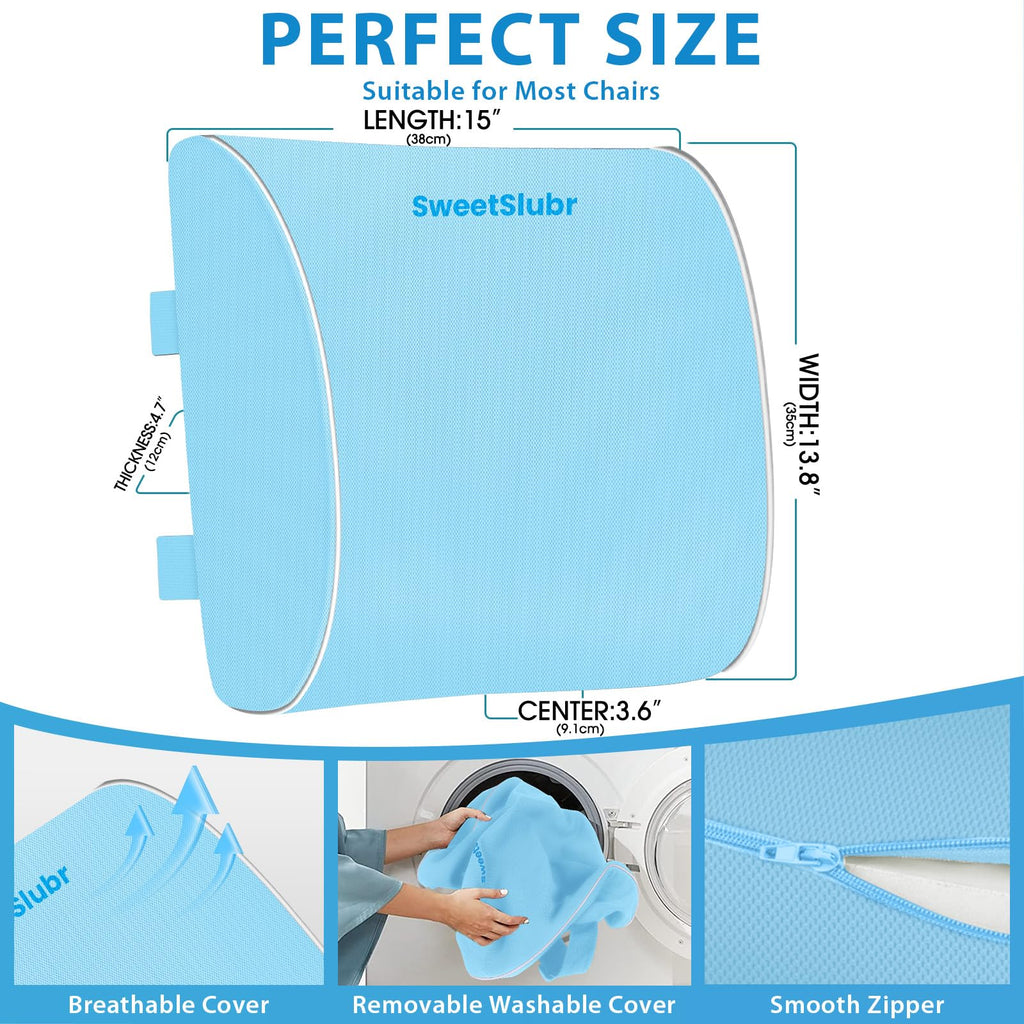 Lumbar Support Pillow for Office Chair, Car & Gaming Chair, Ergonomic Memory Foam Cushion for Back Comfort,Zoned Back Support, Double Adjustable Straps(Light Blue,Large)