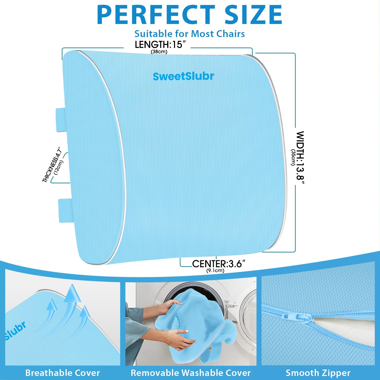 Lumbar Support Pillow for Office Chair, Car & Gaming Chair, Ergonomic Memory Foam Cushion for Back Comfort,Zoned Back Support, Double Adjustable Straps(Light Blue,Large)