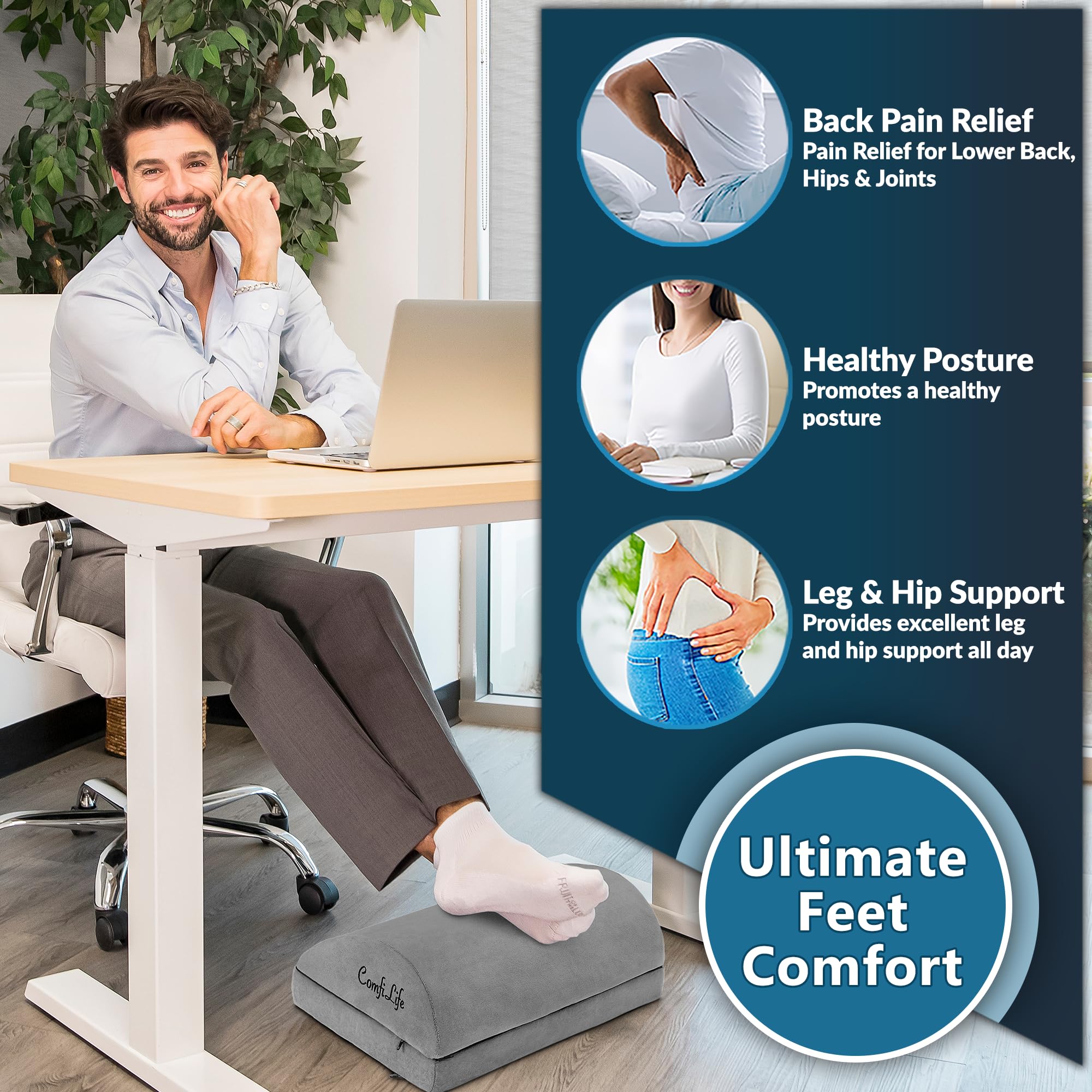 Foot Rest for Under Desk at Work – Adjustable Desk FootRest for Office Chair, Gaming Accessories – Ergonomic Teardrop Design for Back, Hip & Leg Pain Relief – 100% Memory Foam (Gray)
