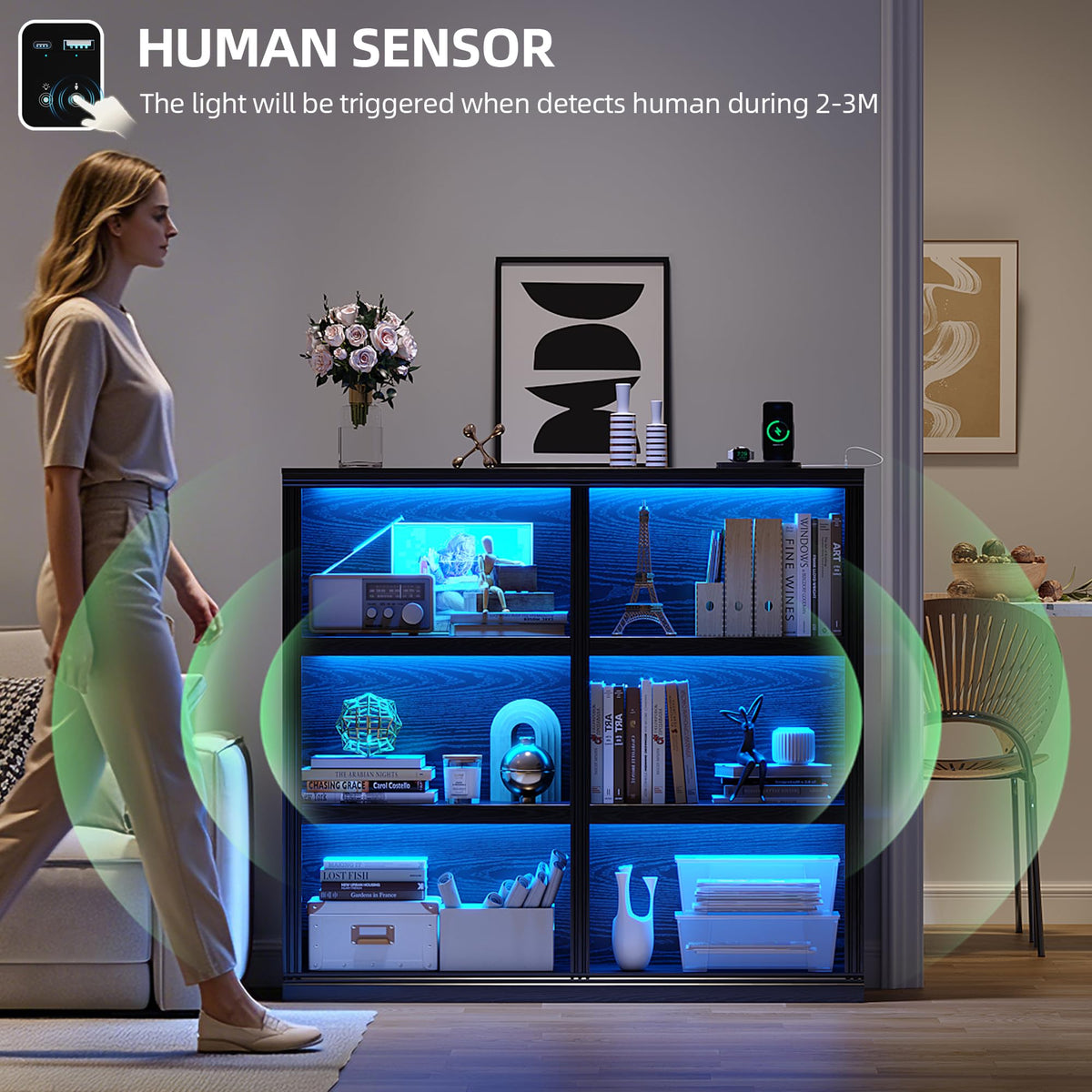 6-Cube LED Bookshelf with Motion Sensor and USB Type-C - Black