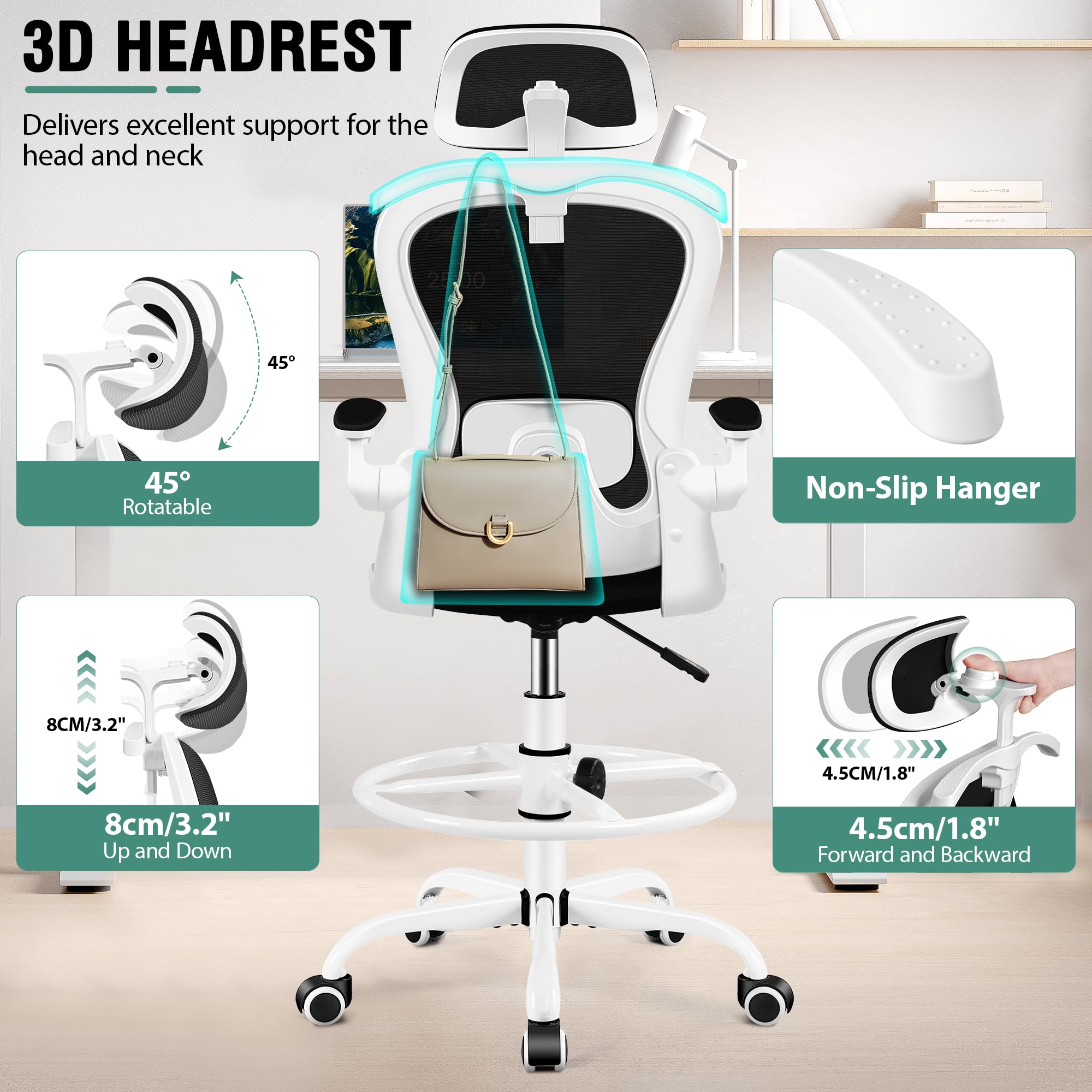 Drafting Chair, Tall Office Chair with 3D Lumbar & Head Support, Ergonomic Mesh Standing Desk Chair with Footring, Comfy Extended High Desk Chair with Flip-Up Arms & Hanger,White