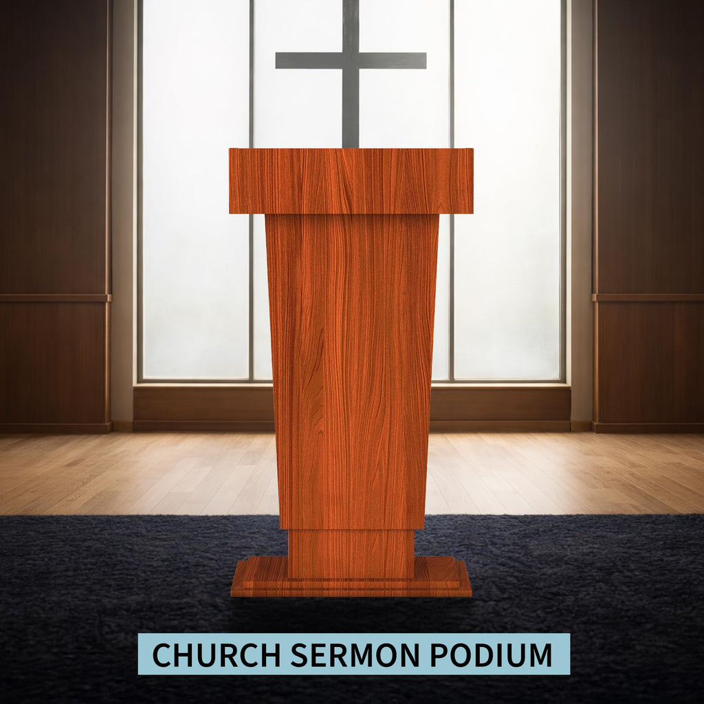 Wooden Podium Stand with Wheels, 41”–54.5” Height Adjustable Lectern, Mobile Podium with Crank Lift, Stable Base & Storage Shelf, Elegant Design for Churches, Classrooms and Conferences