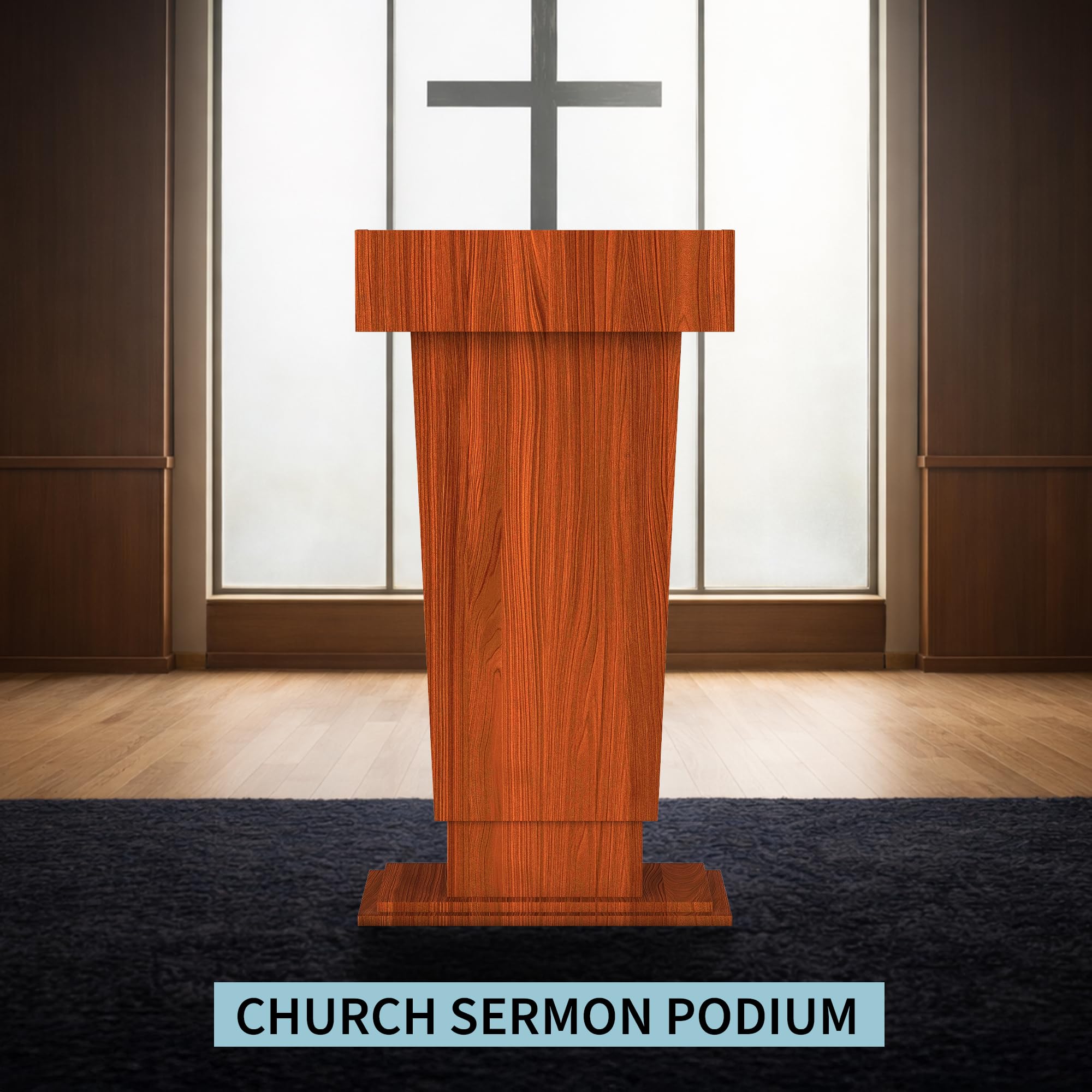 Wooden Podium Stand with Wheels, 41”–54.5” Height Adjustable Lectern, Mobile Podium with Crank Lift, Stable Base & Storage Shelf, Elegant Design for Churches, Classrooms and Conferences