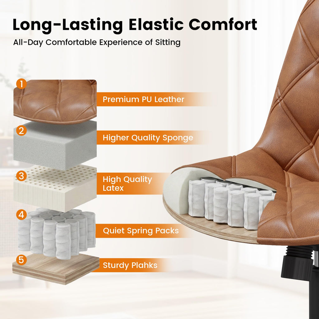 Armless Office Chair, Mid Back Modern Desk Chair with Rubber Wheels, 360 Swivel PU Leather Office Chair No Arms, Adjustable Height Small Computer Chair, Armless Desk Chair for Office, Brown