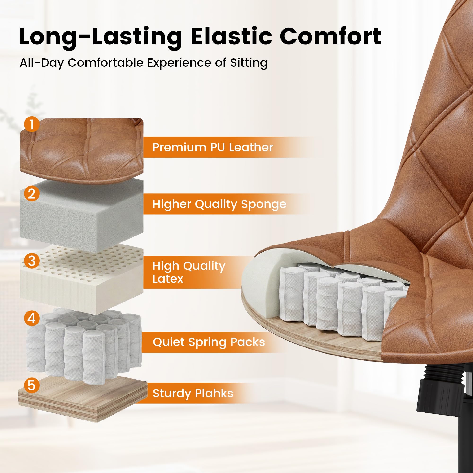 Armless Office Chair, Mid Back Modern Desk Chair with Rubber Wheels, 360 Swivel PU Leather Office Chair No Arms, Adjustable Height Small Computer Chair, Armless Desk Chair for Office, Brown
