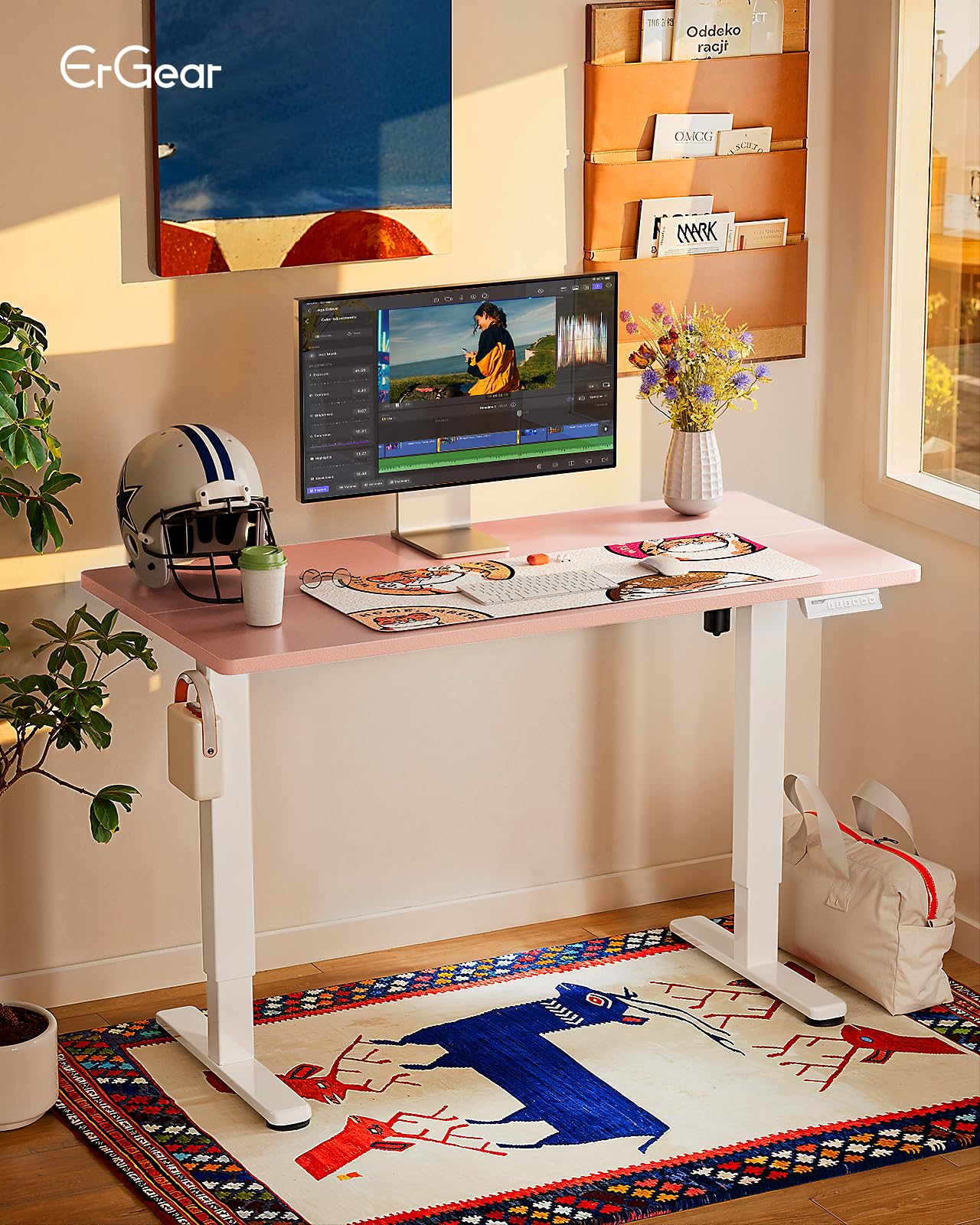 Height Adjustable Electric Standing Desk, 48 x 24 Inches Sit Stand up Desk, Memory Computer Home Office Desk, Pink