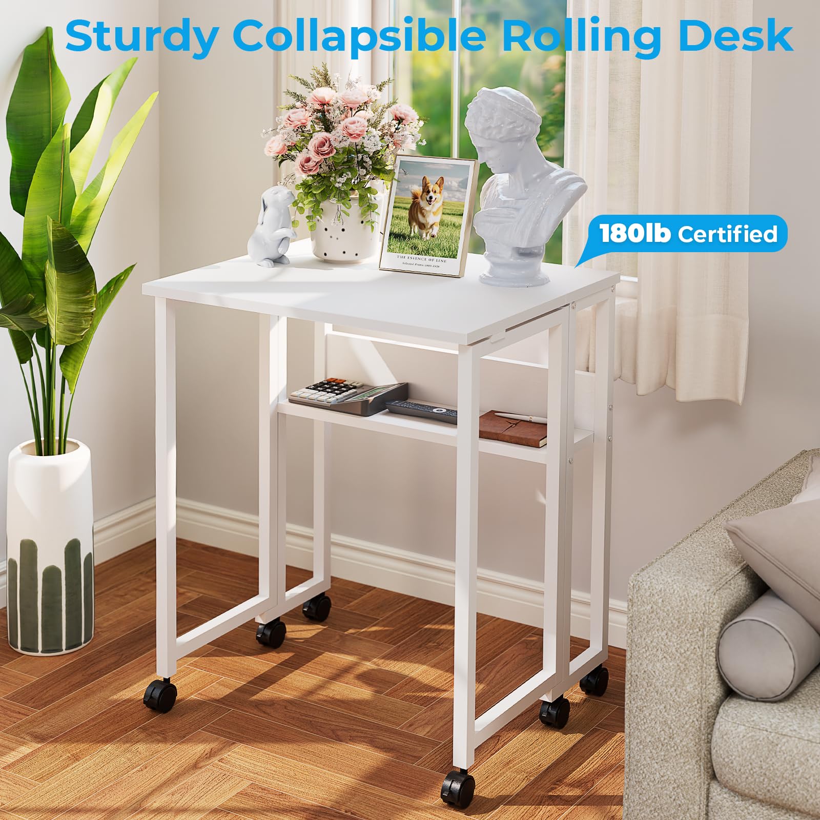 Folding Desk with Wheels, 31.5 Inch Compact Rolling Computer Table with Storage Shelf, Portable Mobile Workstation for Small Spaces, Easy Assembly, Pure White