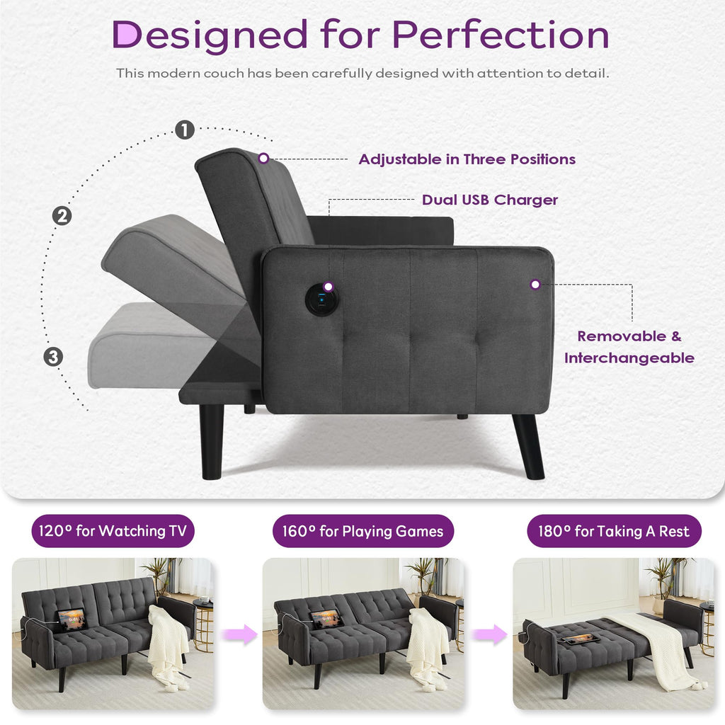 65“ Convertible Futon Sofa Bed w/ 2 USB, Upholstered Tufted Small Adjustable Folding Couch Loveseat, Modern Mid Century Sleeper Sofa for Office, Living Room, Bedroom, Apartment (Dark Grey)