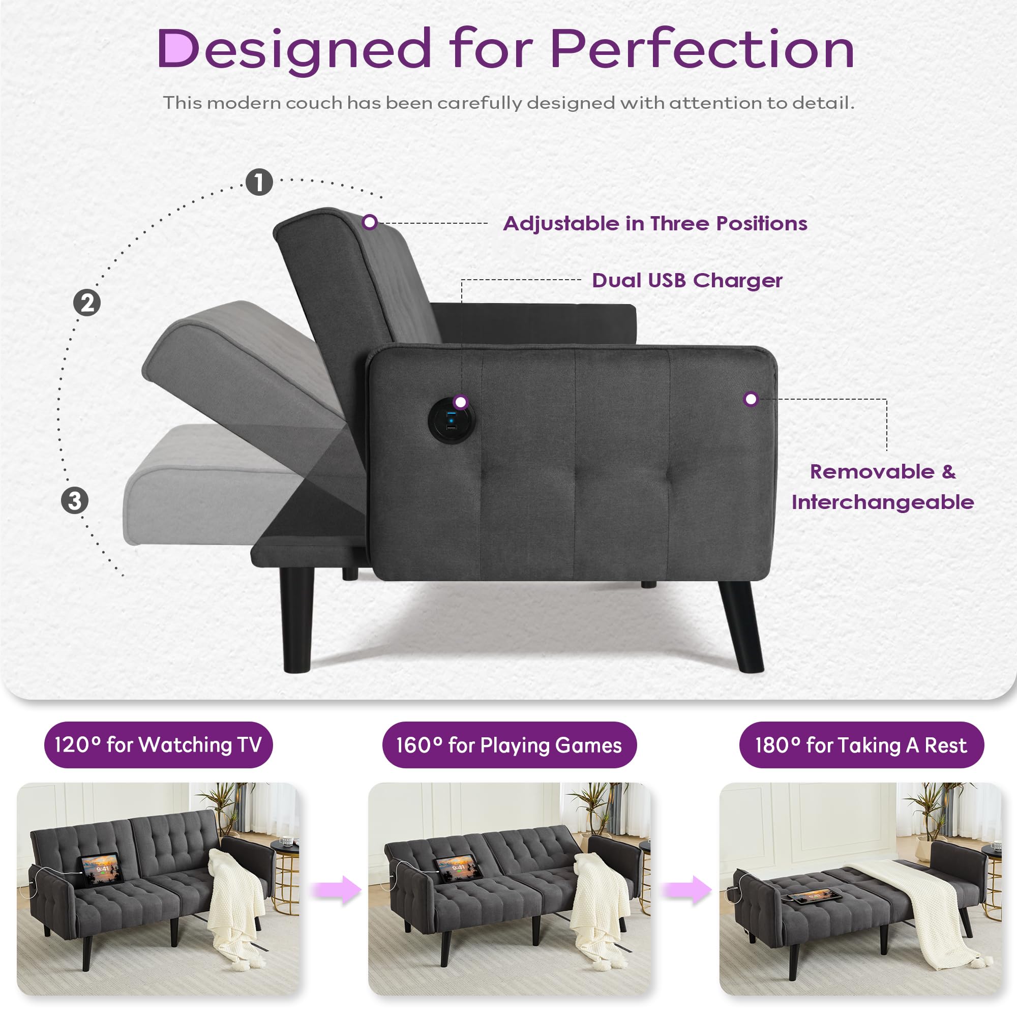 65“ Convertible Futon Sofa Bed w/ 2 USB, Upholstered Tufted Small Adjustable Folding Couch Loveseat, Modern Mid Century Sleeper Sofa for Office, Living Room, Bedroom, Apartment (Dark Grey)