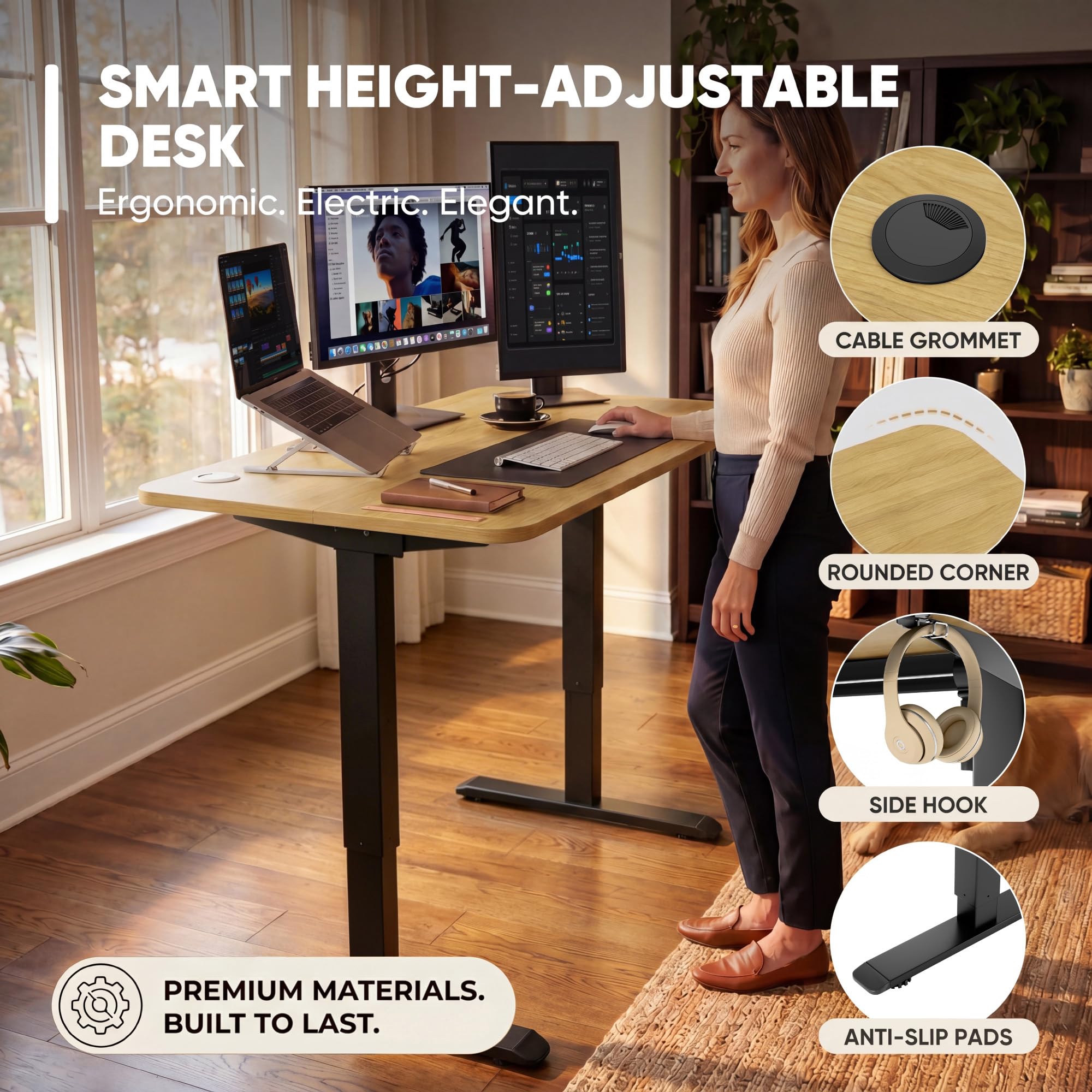 Electric Height Adjustable Standing Desk Large 55 x 24 Inches Sit Stand Up Desk Home Office Computer Desk Memory Preset with T-Shaped Metal Bracket, Maple