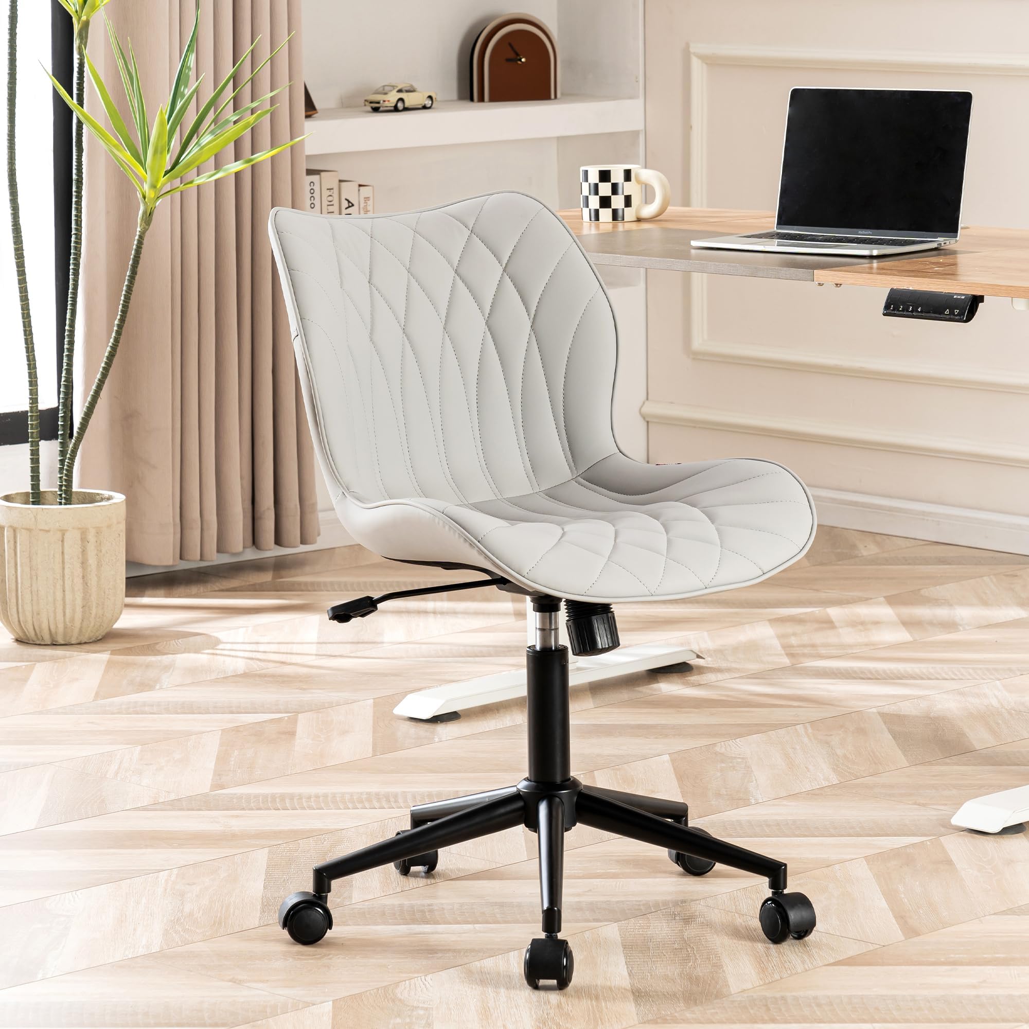 Armless Desk Chair Comfy Office Chair with Wheels Home Ergonomic Task Chair Adjustable Computer Chairs Modern Faux Leather Swivel Chair Upholstered Makeup Vanity Chair with Back(Gray)
