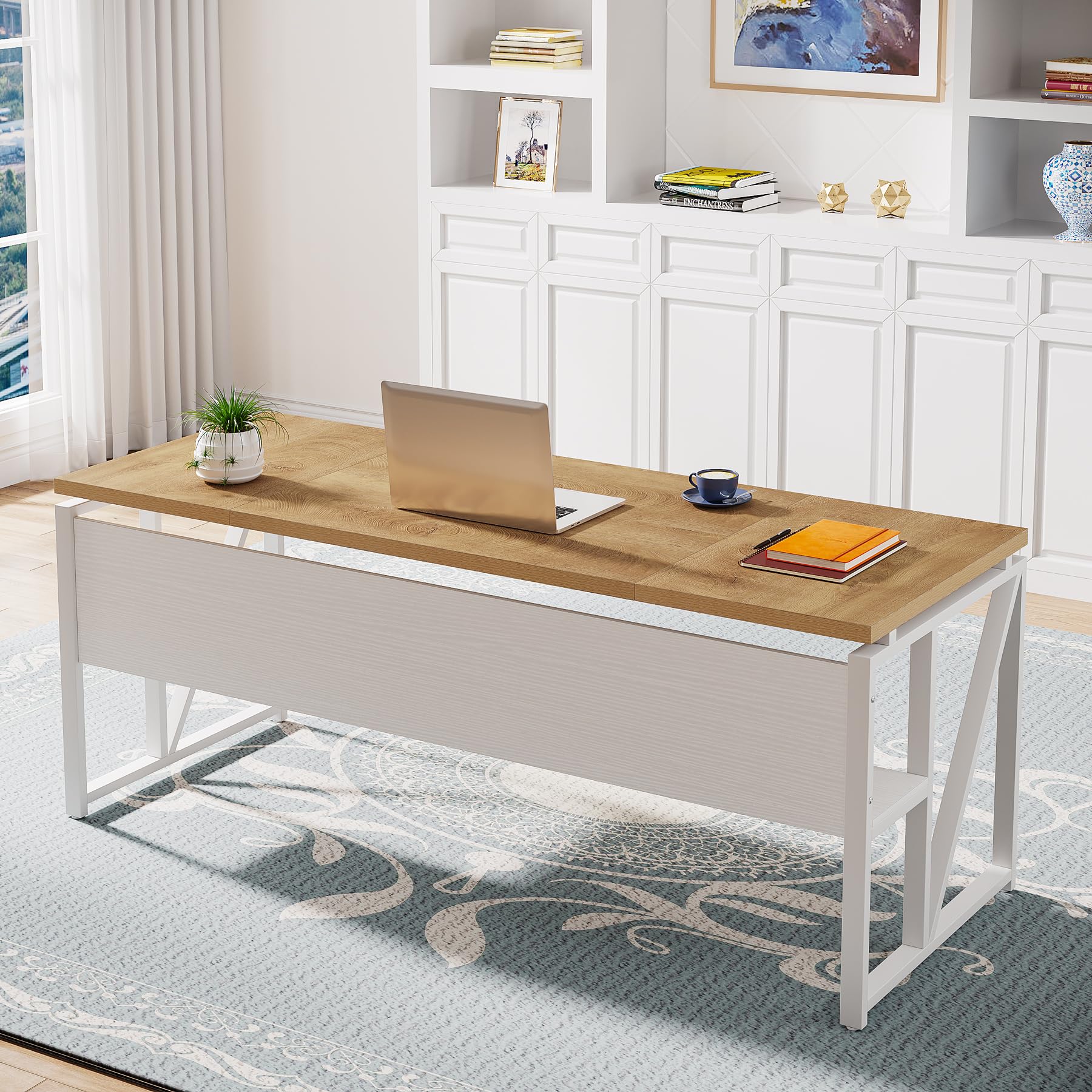 63" Executive Computer Desk and lateral File Cabinet, 2 Piece Home Office Furniture with Drawers for Hanging, Doors with Locks (Light Walnut, 63 inches)